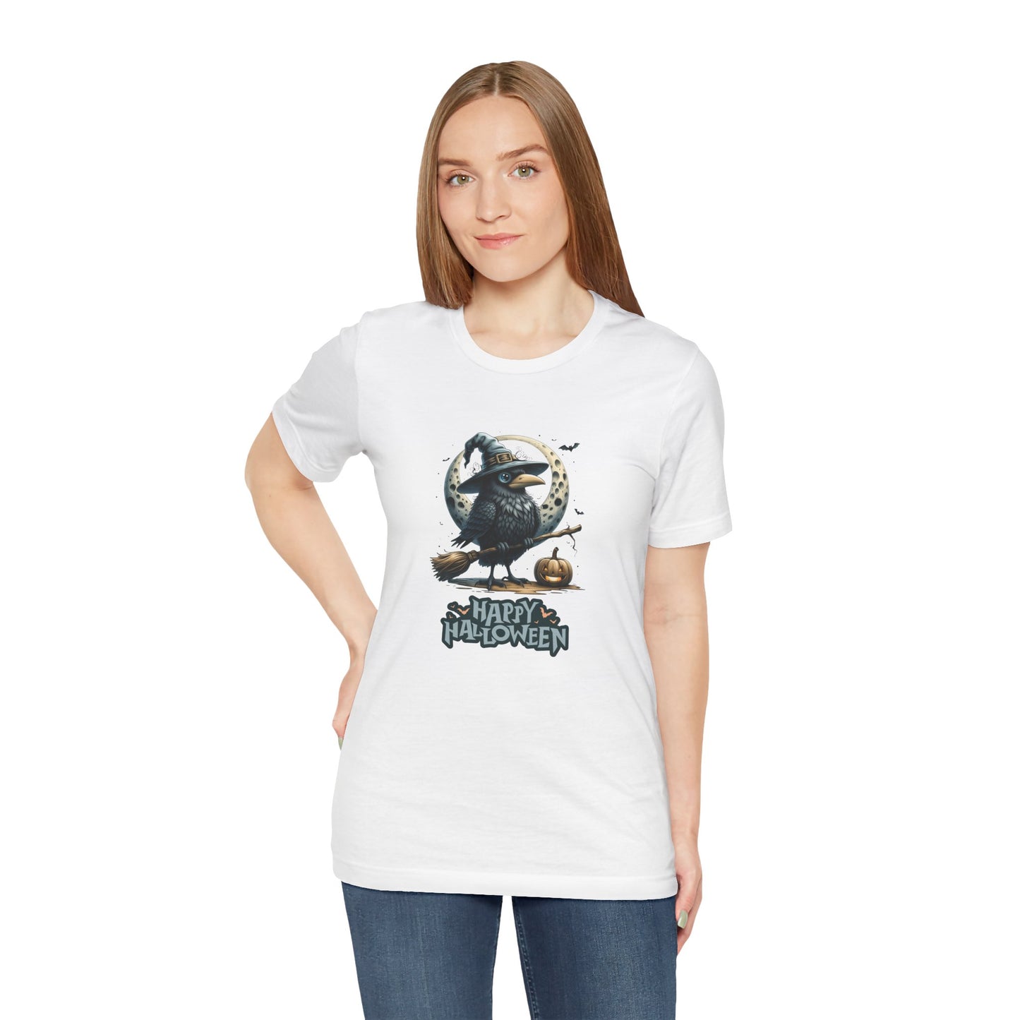 Happy Halloween Crow Shirt – Spooky Raven Witch Graphic Tee – Bella Canvas 3001 – Unisex Halloween T-Shirt for Women Men