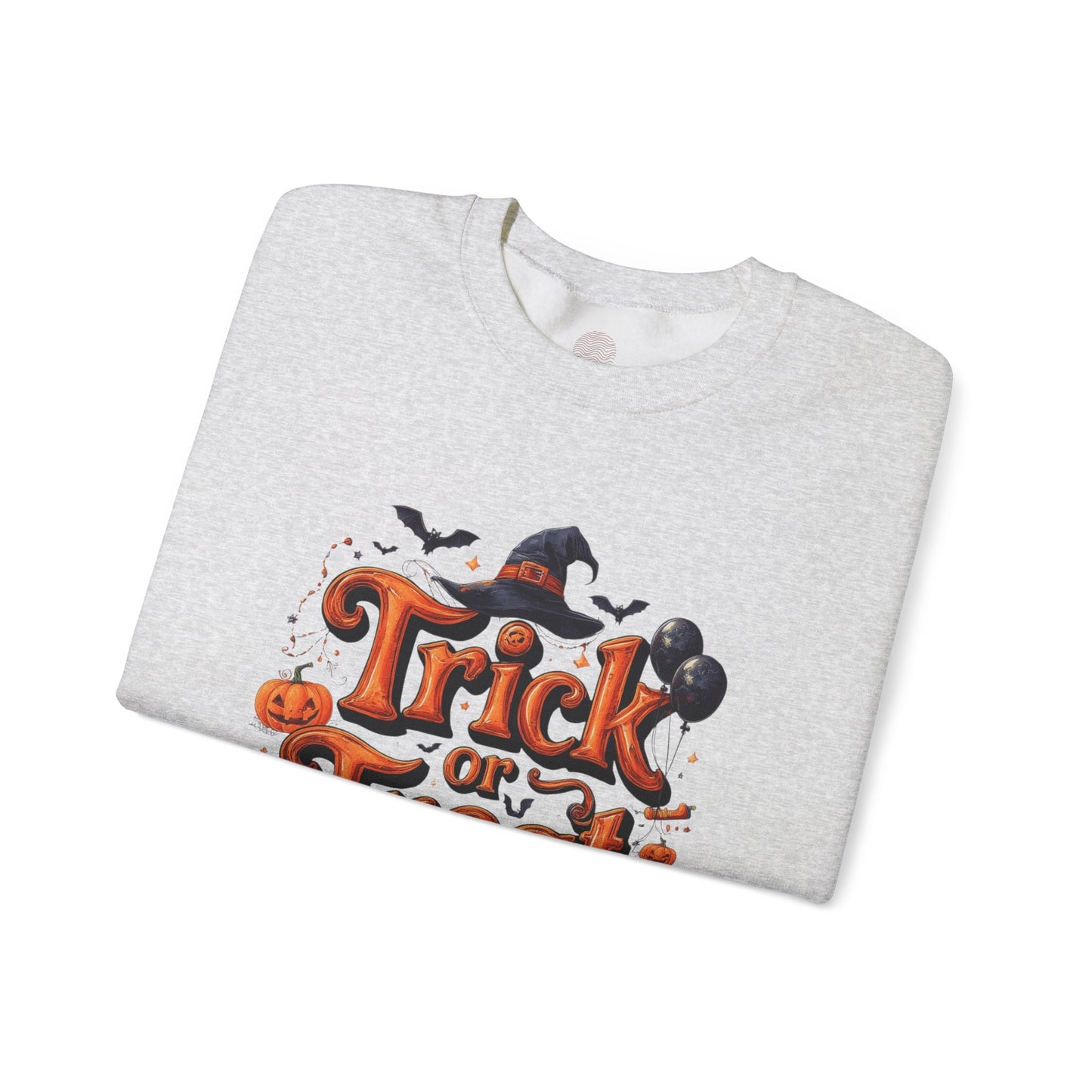 Halloween “Trick or Treat” Graphic Sweatshirt – Cozy Cotton Blend, Spooky Pumpkin & Witch Hat Design
