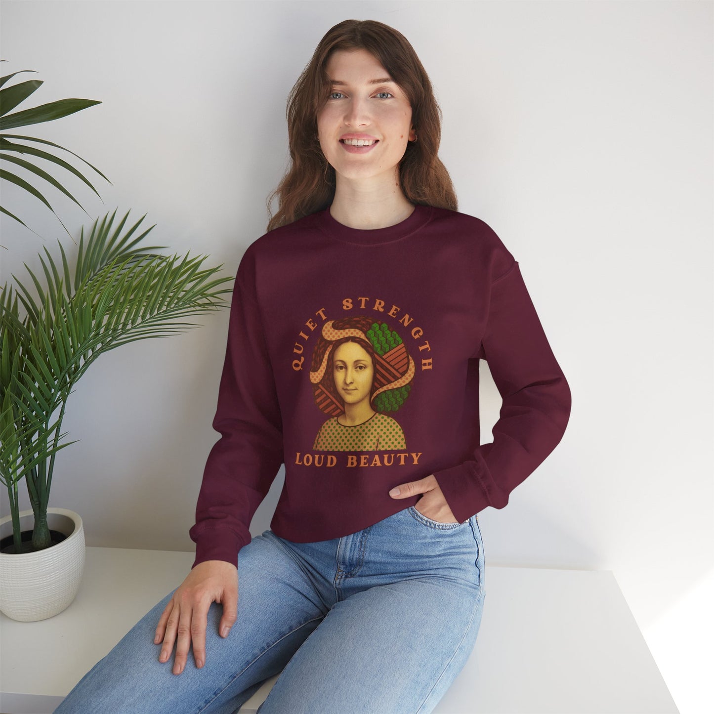 Quiet Strength Loud Beauty Graphic Sweatshirt - Retro Vintage Aesthetic Unisex Gildan 18000, Feminine Power Art Shirt, Crewneck Jumper,
