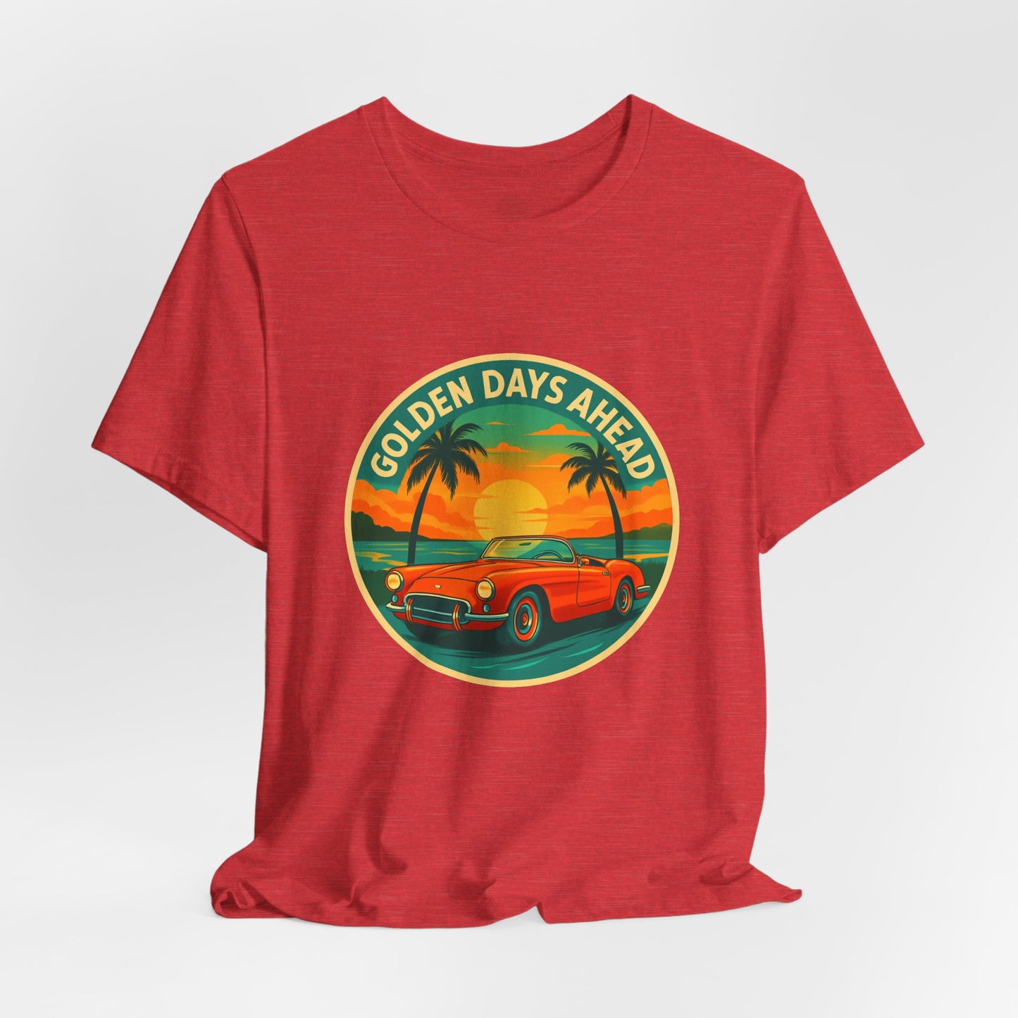 Golden Days Ahead Retro Convertible T-Shirt, Vintage Classic Car Graphic Tee, Sunset Beach Palm Trees - Unisex Jersey Short Sleeve Tee,