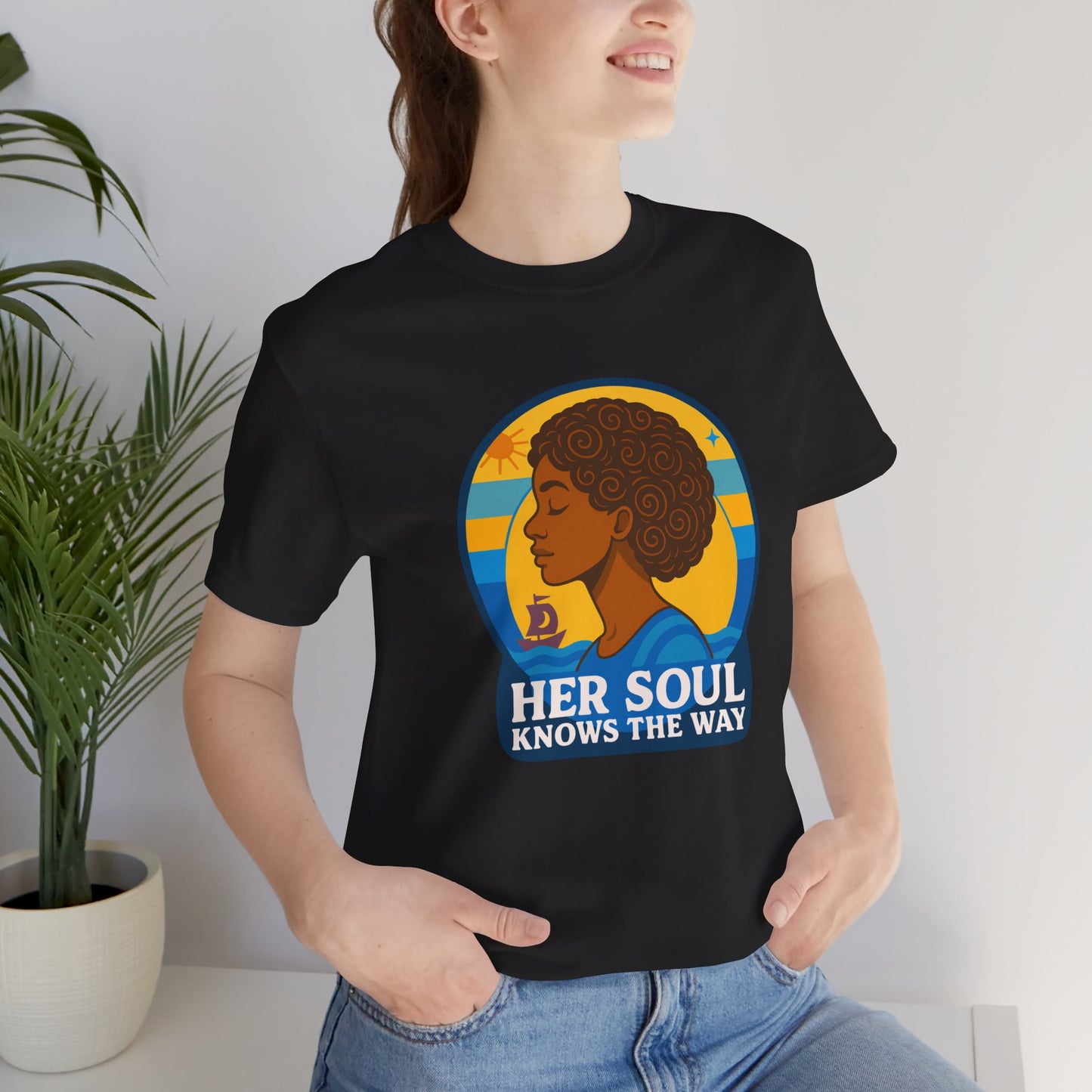 Retro Afro Woman Graphic Tee,Unisex Jersey Short Sleeve Tee, Inspirational Quote Top, Her Soul Knows The Way Shirt