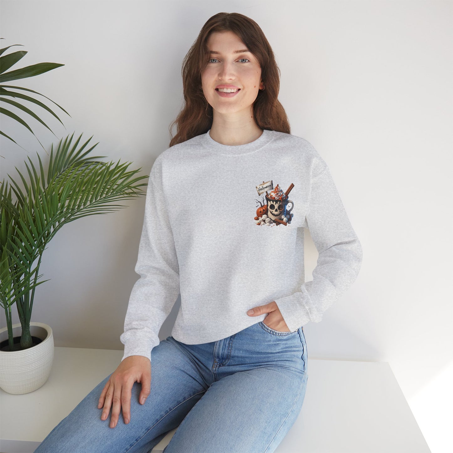 Halloween Skull Coffee Sweatshirt – Spooky Pumpkin Latte Fall Sweater – Cozy Autumn Skull Cup Pullover-Gildan 18000