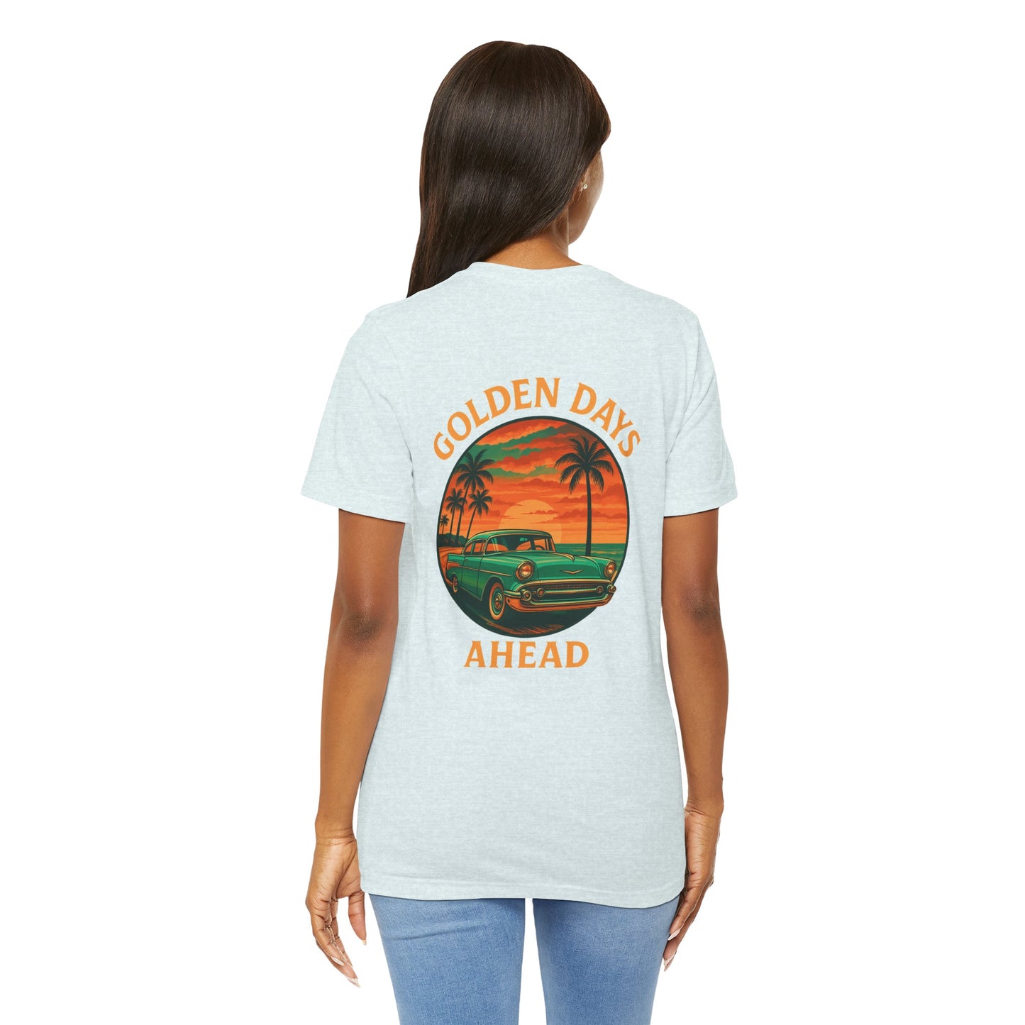 Golden Days Ahead Retro Car T-Shirt, Vintage Classic 50s Tee, Coastal Sunset Palm Trees, Unisex Jersey Shirt, Bella Canvas 3001, Men Women,