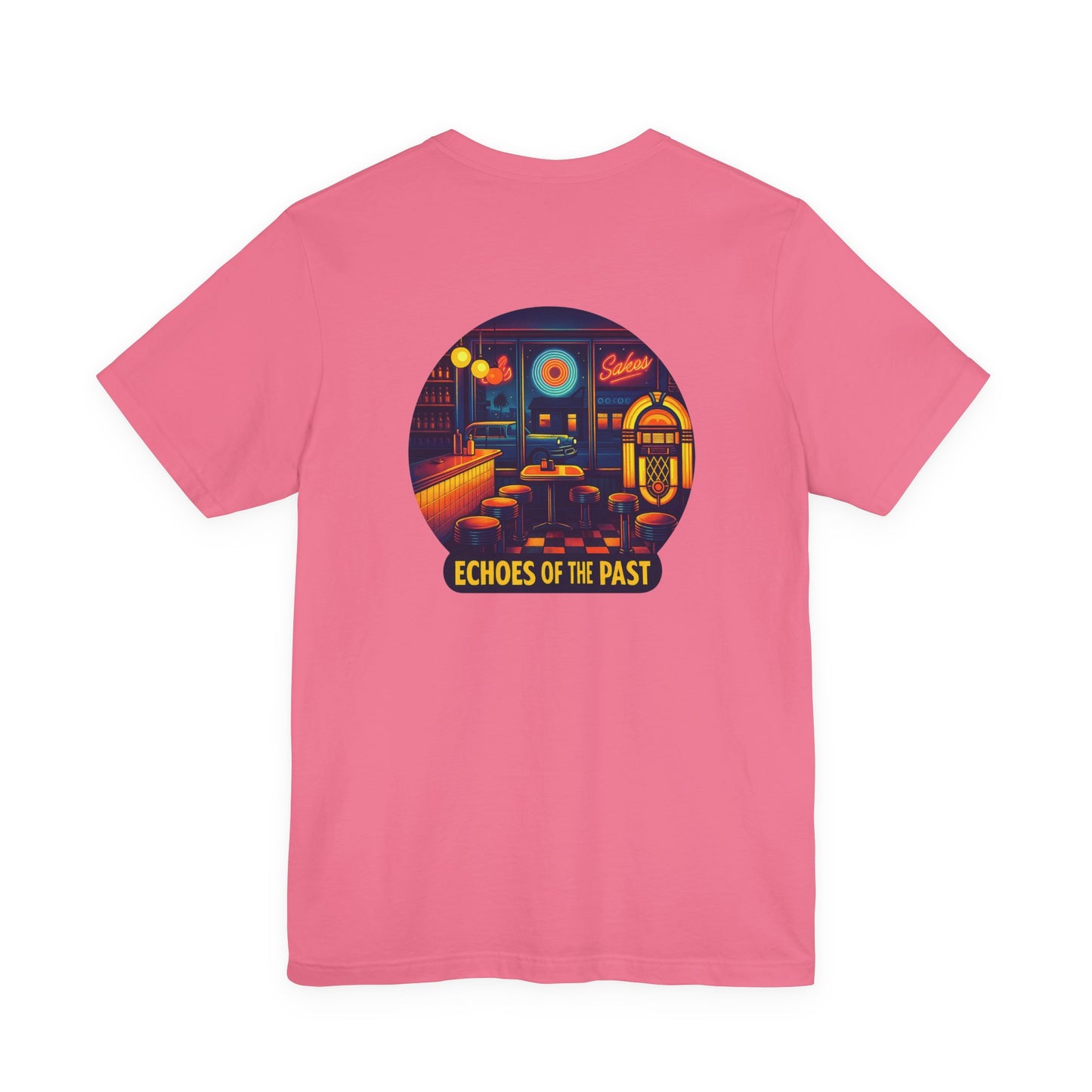 Echoes of the Past Retro Diner T-Shirt – Bella Canvas 3001 Unisex Vintage 80s Jukebox Neon Graphic Tee