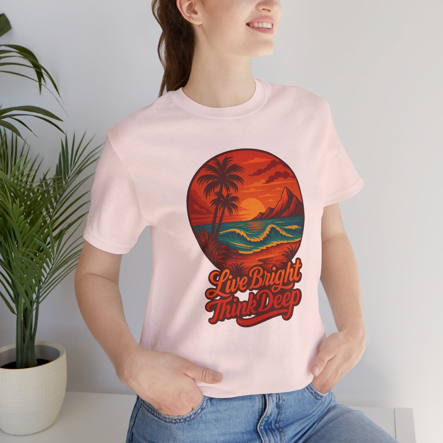 Retro Sunset Ocean Wave Graphic Tee - Live Bright Think Deep T-Shirt, Palm Tree Beach Shirt, Inspirational Typography, Unisex Bella Canvas