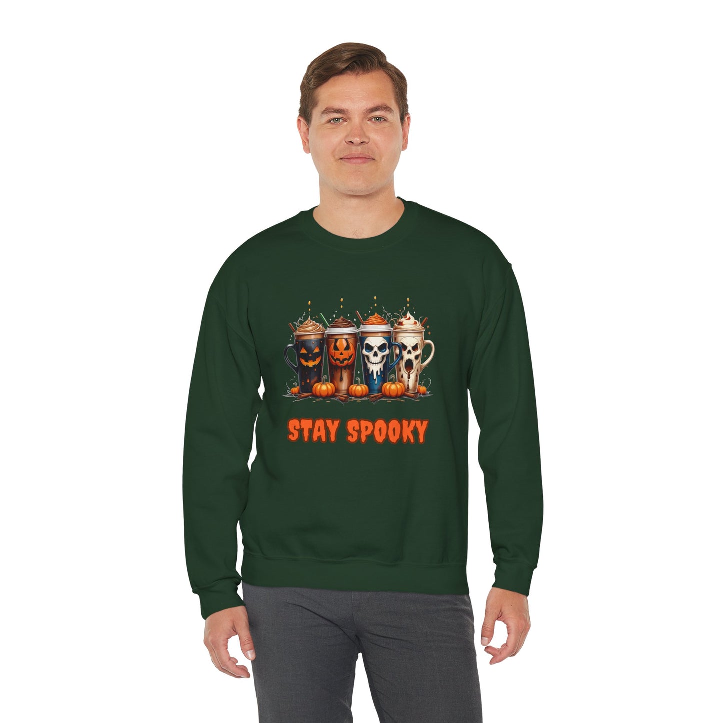 Stay Spooky Halloween Coffee Cups Sweatshirt – Unisex Gildan Heavy Blend Crewneck Pullover