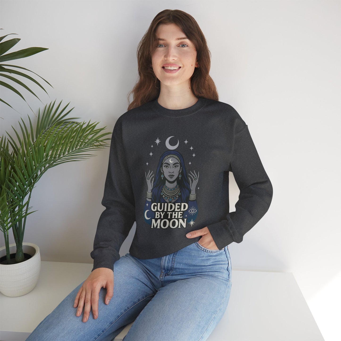 Guided by the Moon Sweatshirt, Mystical Celestial Graphic Pullover, Spiritual Astrology Unisex Cozy Top, Moon Phase Witchy Gift, Moon Lover