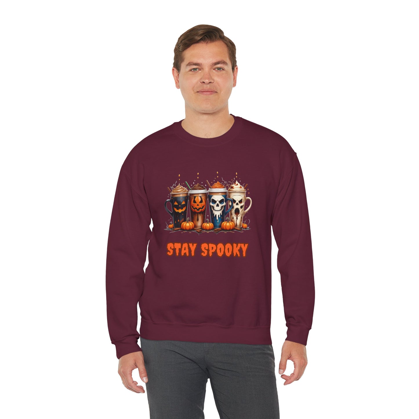 Stay Spooky Halloween Coffee Cups Sweatshirt – Unisex Gildan Heavy Blend Crewneck Pullover