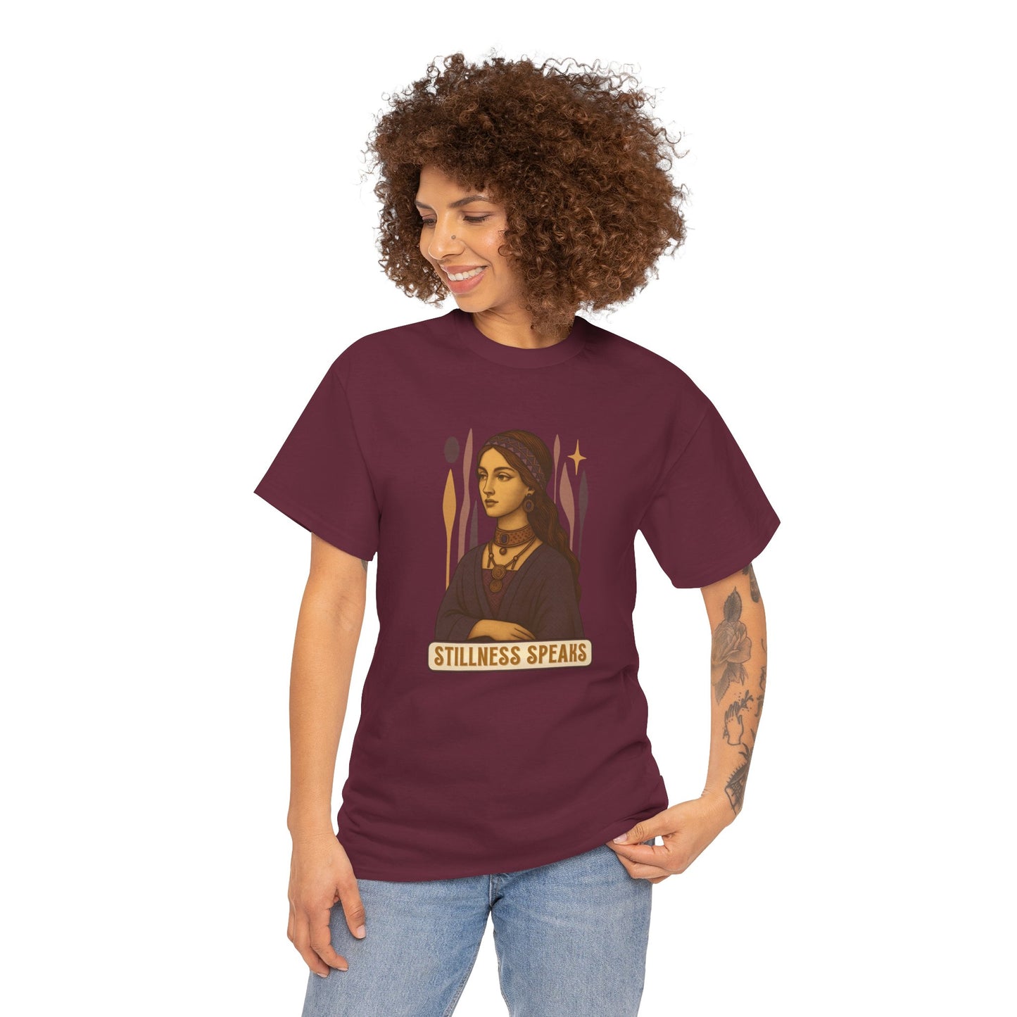 Vintage Mystic Woman Stillness Speaks T-Shirt, Retro Boho Aesthetic Top, Spiritual Graphic Tee, Mindfulness Yoga Gift, Unisex Heavy Cotton