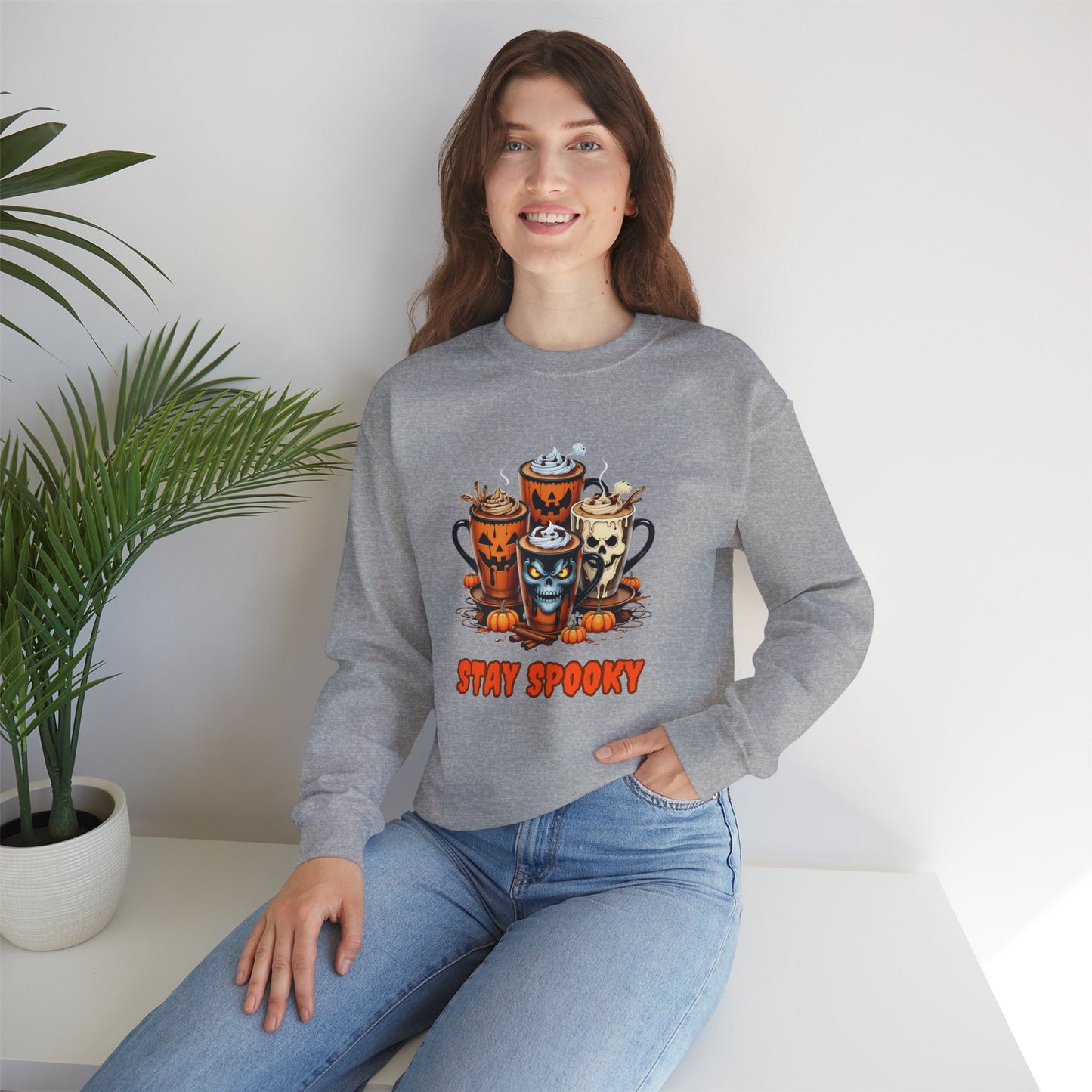 "Stay Spooky Halloween Coffee Cup Sweatshirt – Cozy Gildan Crewneck for Fall & Pumpkin Lovers"