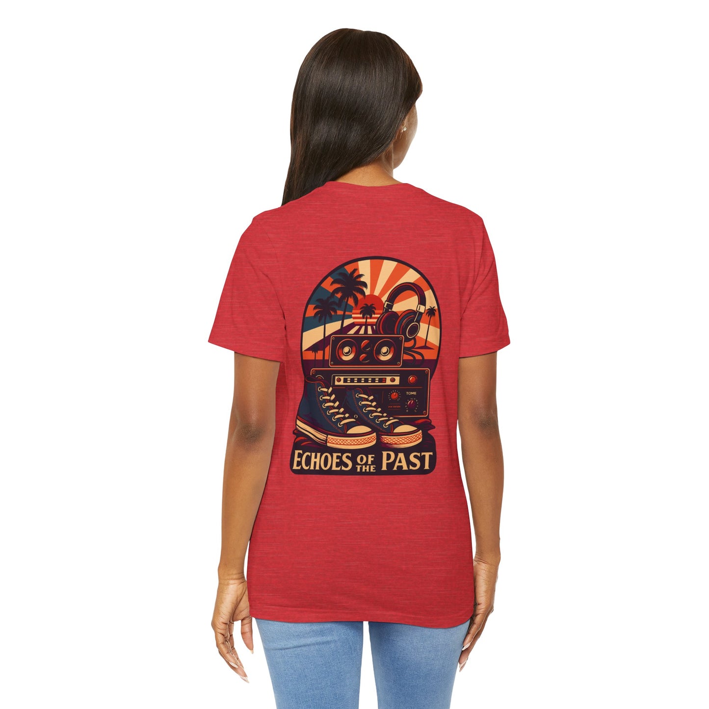 Echoes of the Past Retro Sunset T-Shirt – Bella Canvas 3001 Unisex Vintage 80s Palm Tree Music Graphic Tee