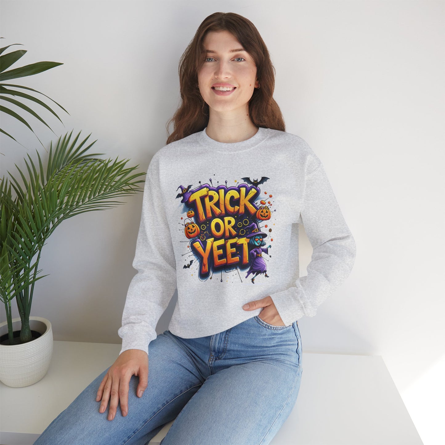 Trick or Yeet Unisex Heavy Blend Crewneck Sweatshirt – Funny Witch & Pumpkin Halloween Pullover