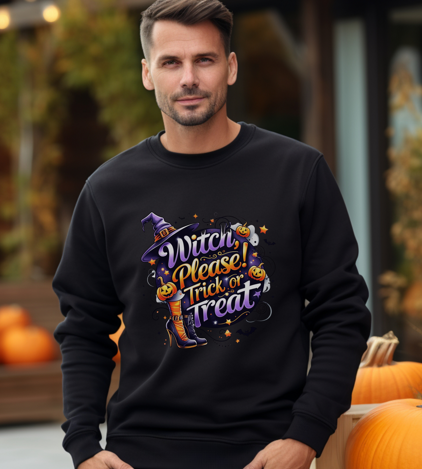 Halloween Sweatshirt – "Witch Please, Trick or Treat" – Funny Witch Hat & Pumpkins Graphic – Cozy Unisex Crewneck Pullover