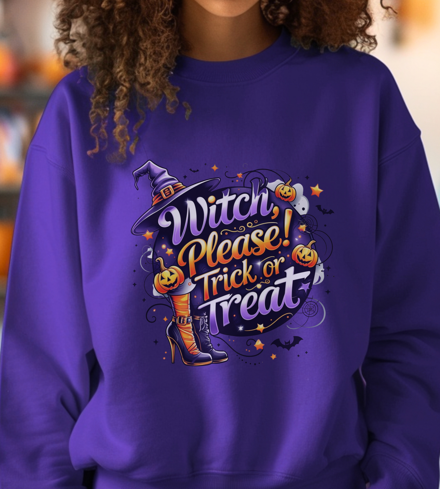 Halloween Sweatshirt – "Witch Please, Trick or Treat" – Funny Witch Hat & Pumpkins Graphic – Cozy Unisex Crewneck Pullover