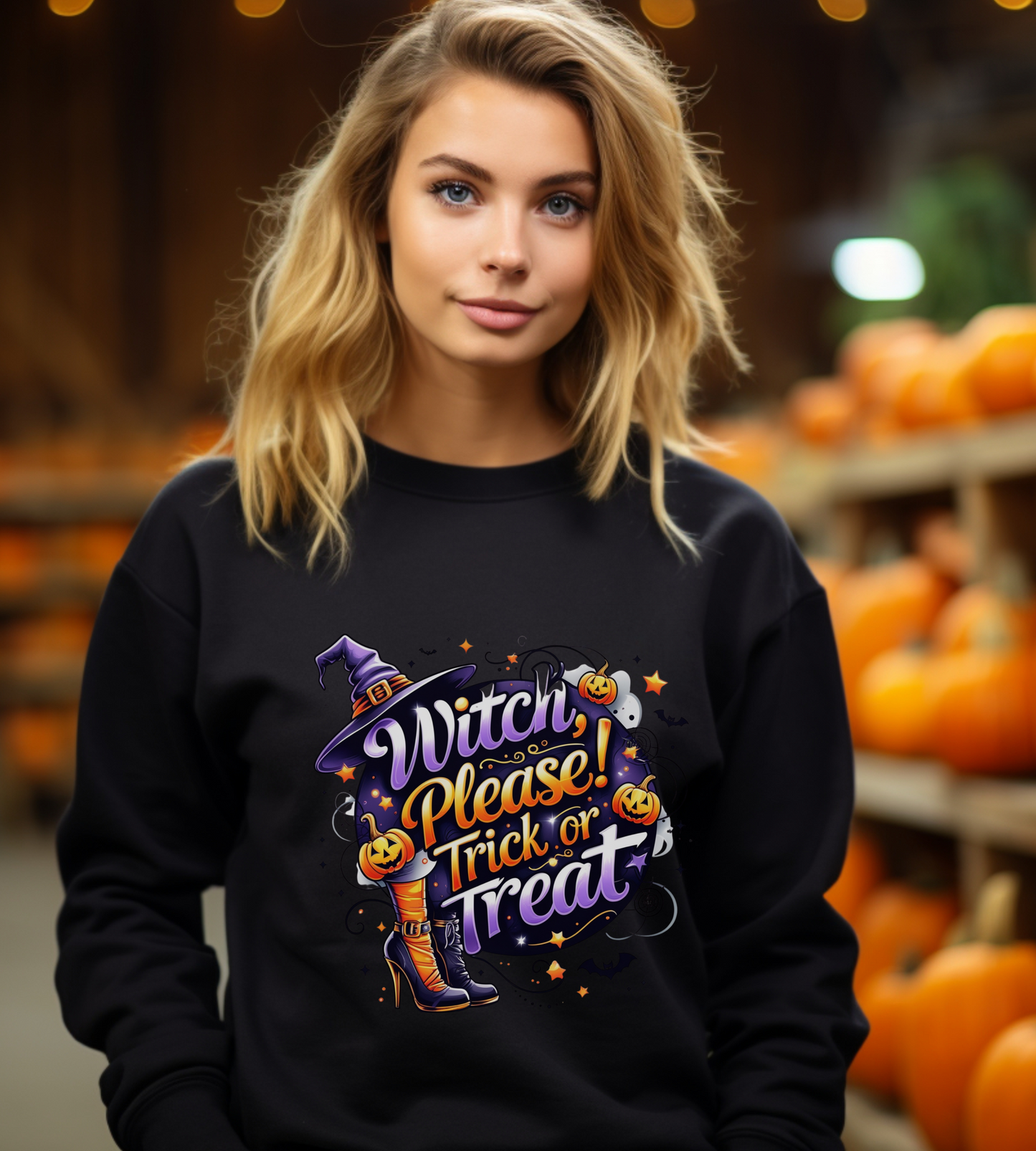 Halloween Sweatshirt – "Witch Please, Trick or Treat" – Funny Witch Hat & Pumpkins Graphic – Cozy Unisex Crewneck Pullover