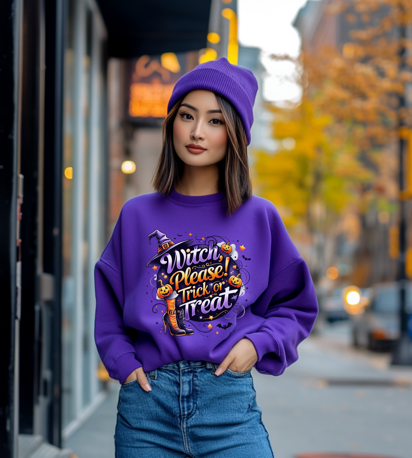 Halloween Sweatshirt – "Witch Please, Trick or Treat" – Funny Witch Hat & Pumpkins Graphic – Cozy Unisex Crewneck Pullover