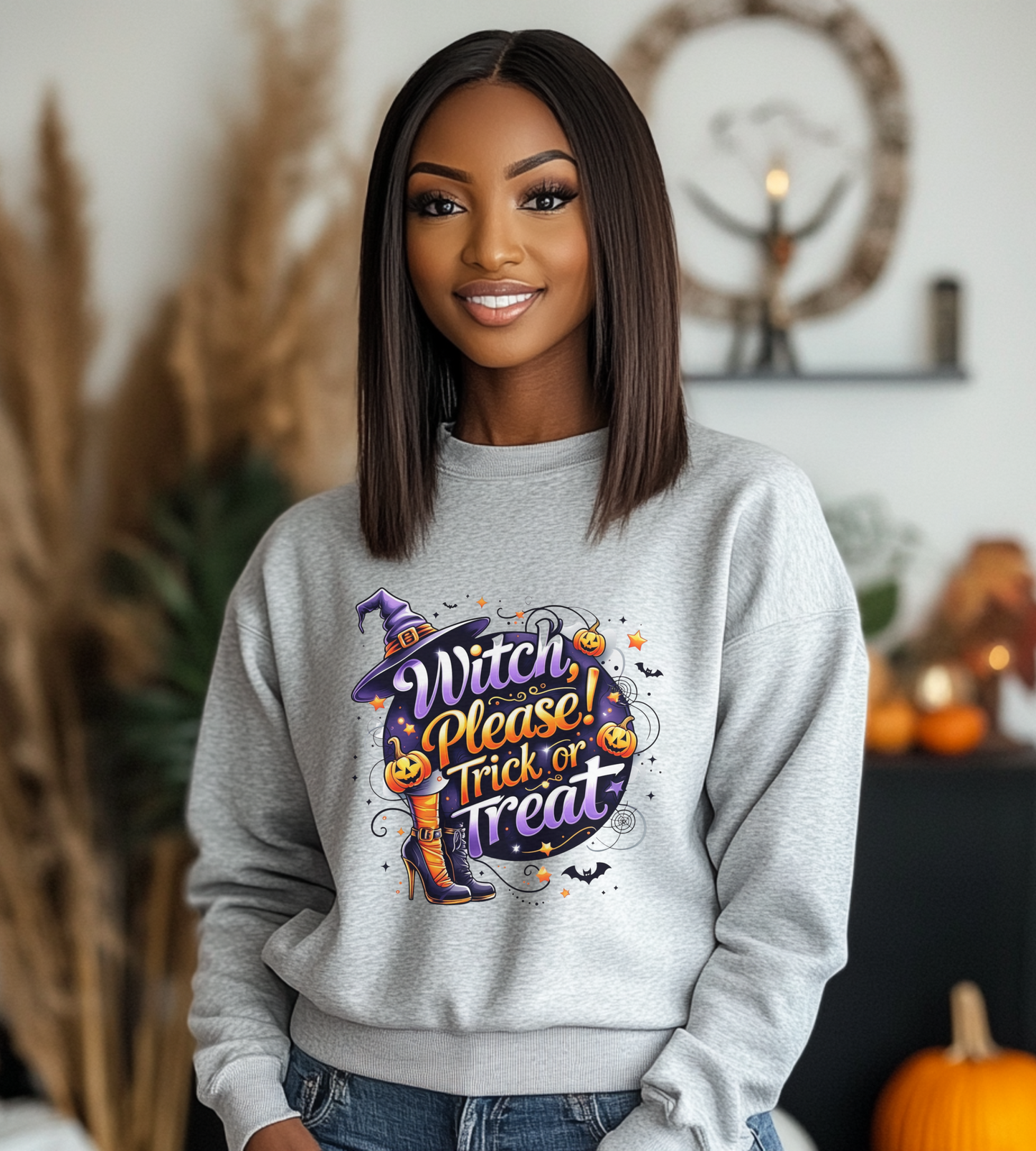 Halloween Sweatshirt – "Witch Please, Trick or Treat" – Funny Witch Hat & Pumpkins Graphic – Cozy Unisex Crewneck Pullover