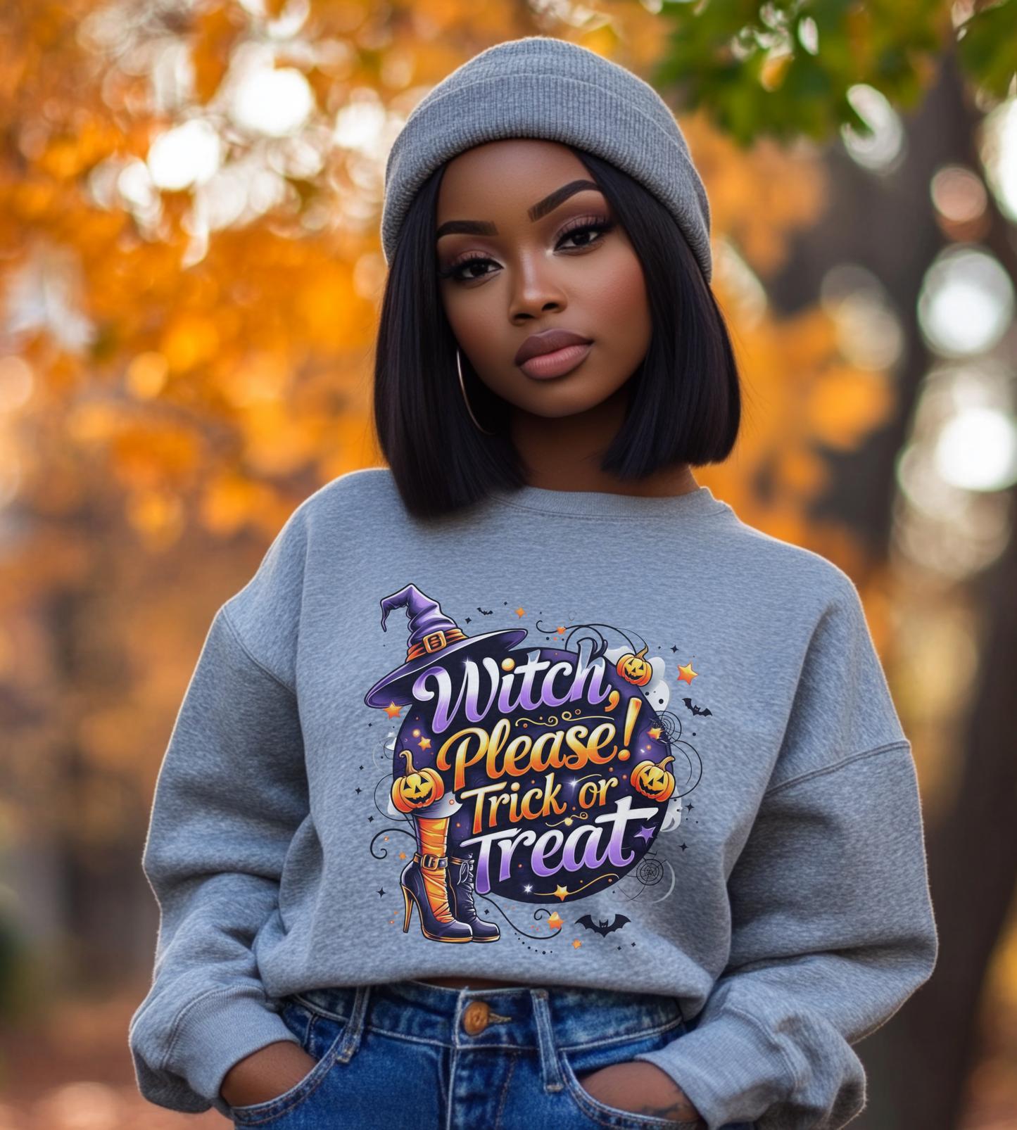 Halloween Sweatshirt – "Witch Please, Trick or Treat" – Funny Witch Hat & Pumpkins Graphic – Cozy Unisex Crewneck Pullover