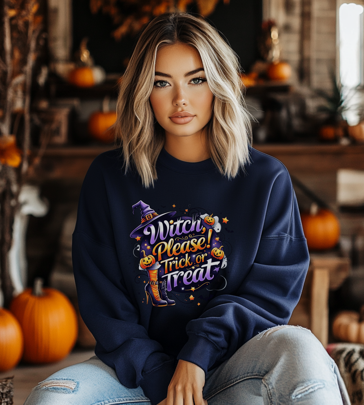 Halloween Sweatshirt – "Witch Please, Trick or Treat" – Funny Witch Hat & Pumpkins Graphic – Cozy Unisex Crewneck Pullover