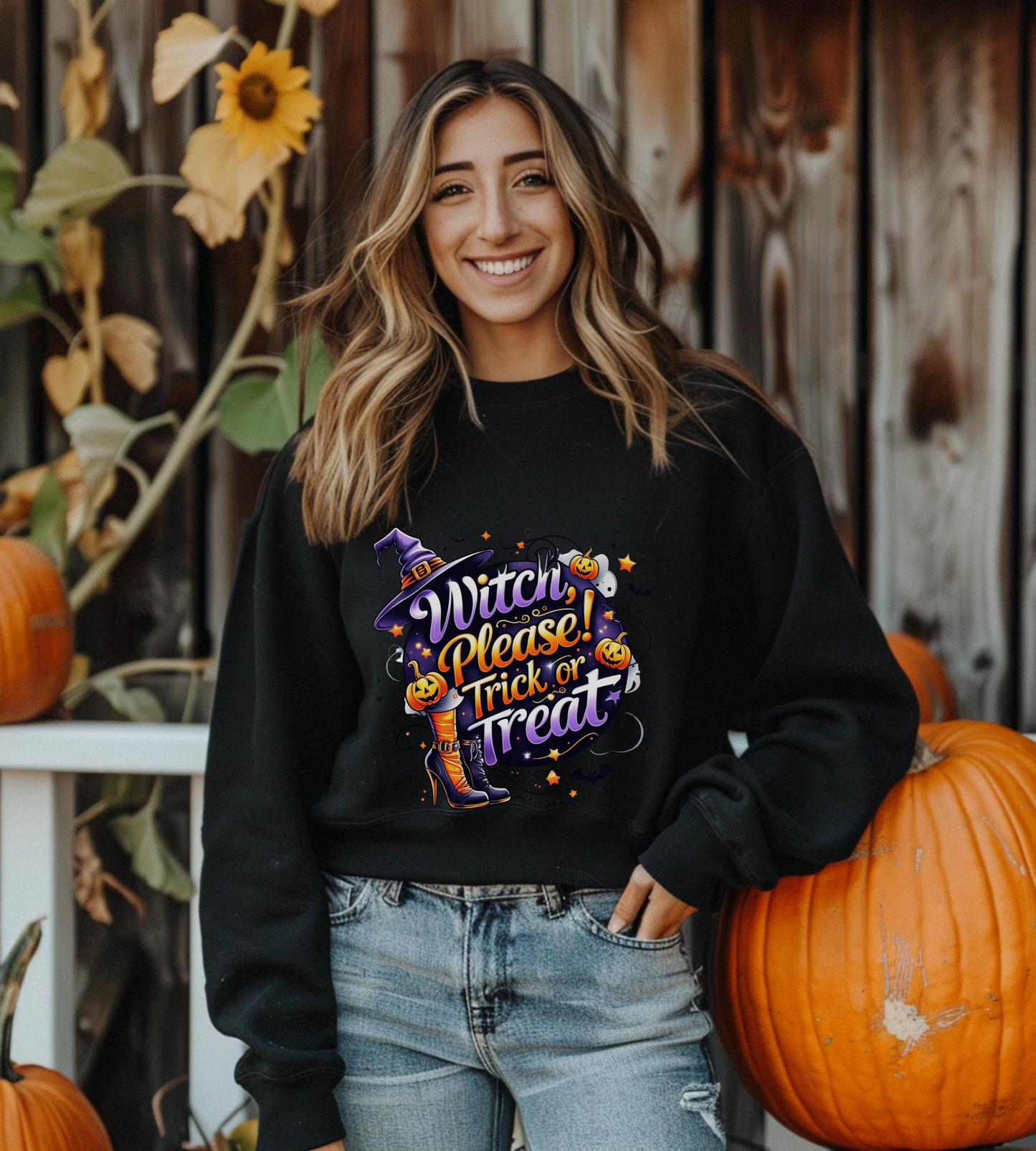Halloween Sweatshirt – "Witch Please, Trick or Treat" – Funny Witch Hat & Pumpkins Graphic – Cozy Unisex Crewneck Pullover