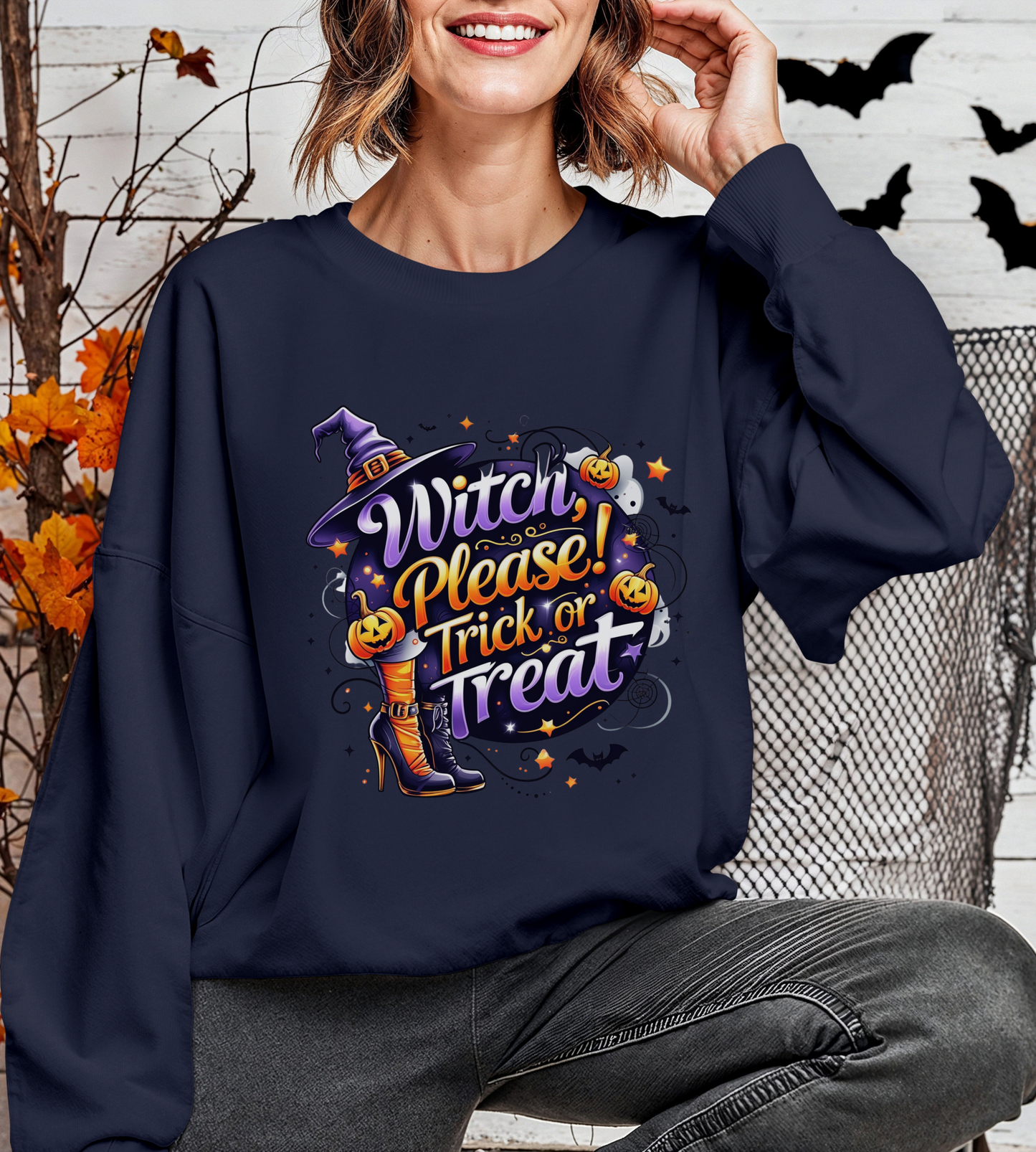 Halloween Sweatshirt – "Witch Please, Trick or Treat" – Funny Witch Hat & Pumpkins Graphic – Cozy Unisex Crewneck Pullover