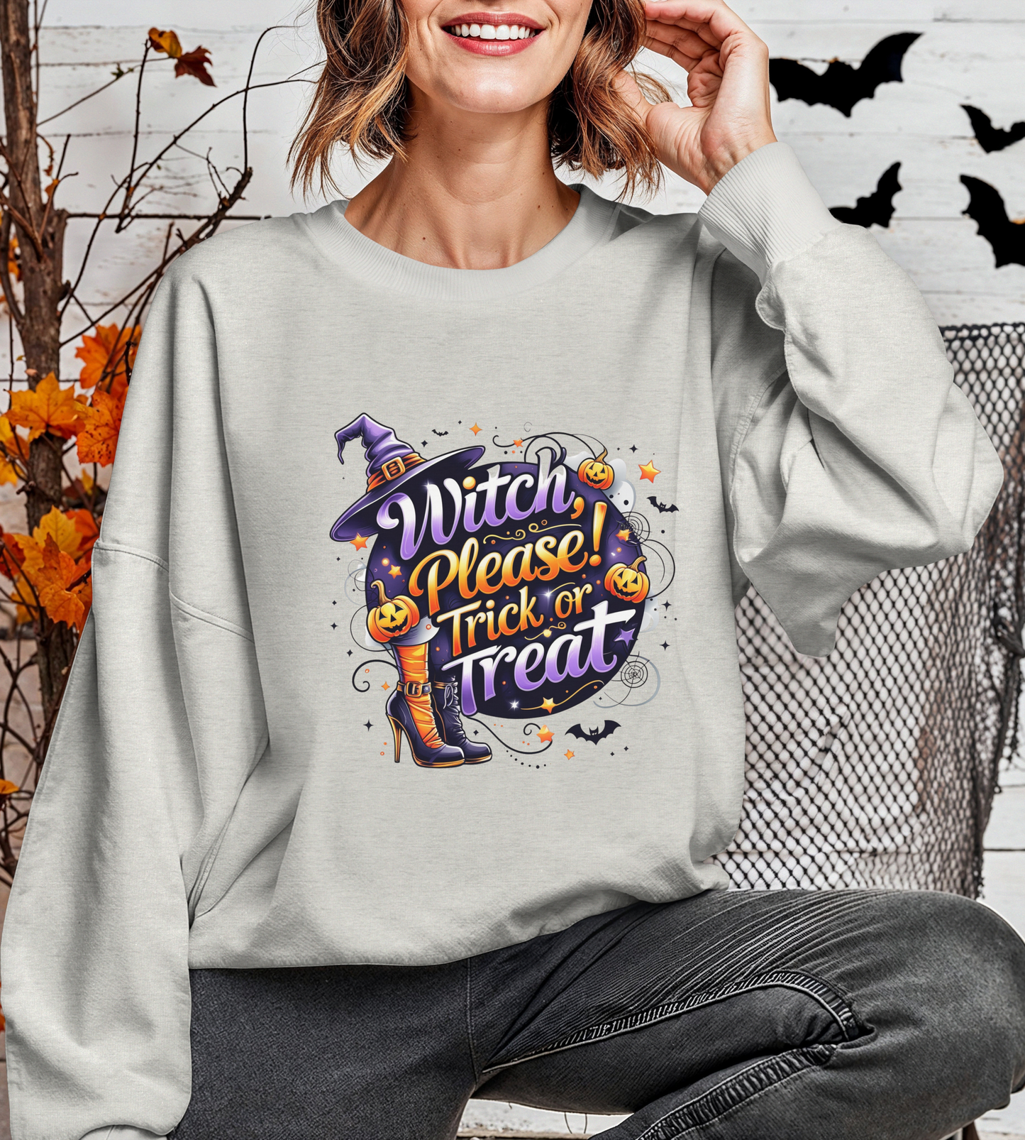 Halloween Sweatshirt – "Witch Please, Trick or Treat" – Funny Witch Hat & Pumpkins Graphic – Cozy Unisex Crewneck Pullover