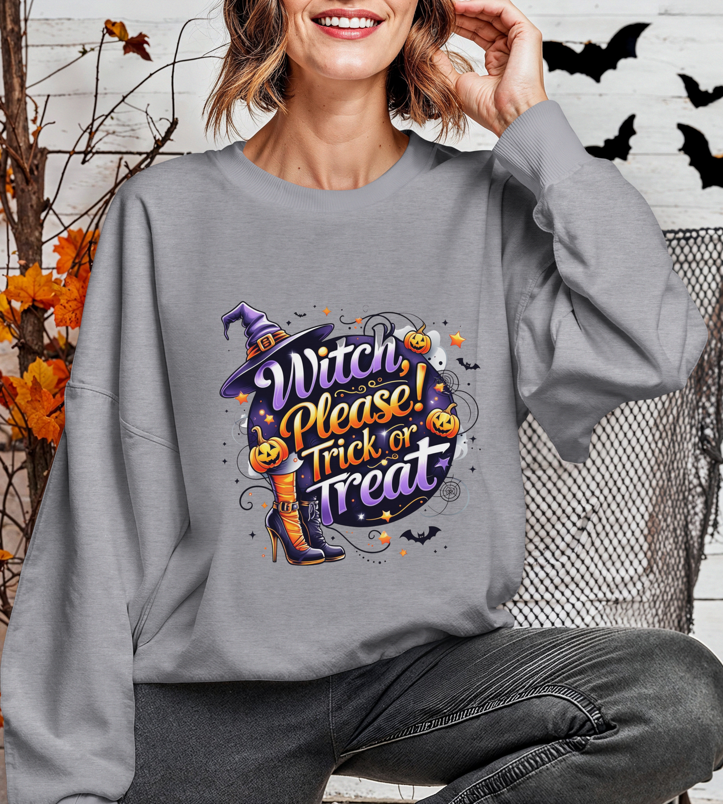 Halloween Sweatshirt – "Witch Please, Trick or Treat" – Funny Witch Hat & Pumpkins Graphic – Cozy Unisex Crewneck Pullover
