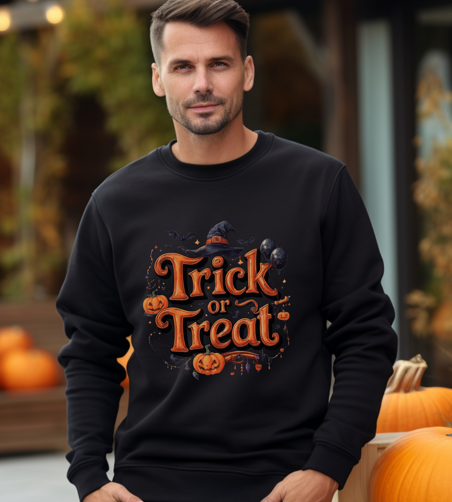 Halloween “Trick or Treat” Graphic Sweatshirt – Cozy Cotton Blend, Spooky Pumpkin & Witch Hat Design