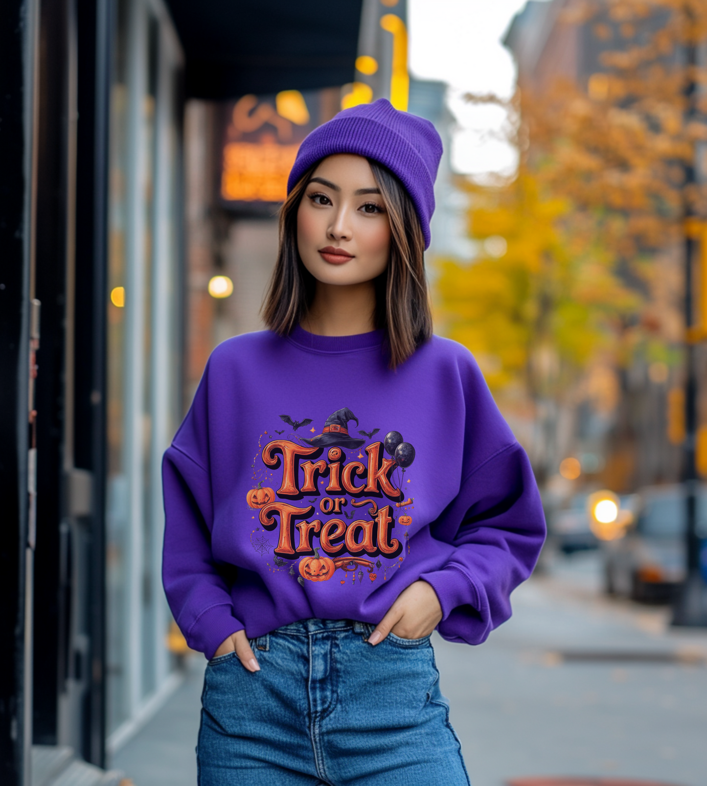 Halloween “Trick or Treat” Graphic Sweatshirt – Cozy Cotton Blend, Spooky Pumpkin & Witch Hat Design