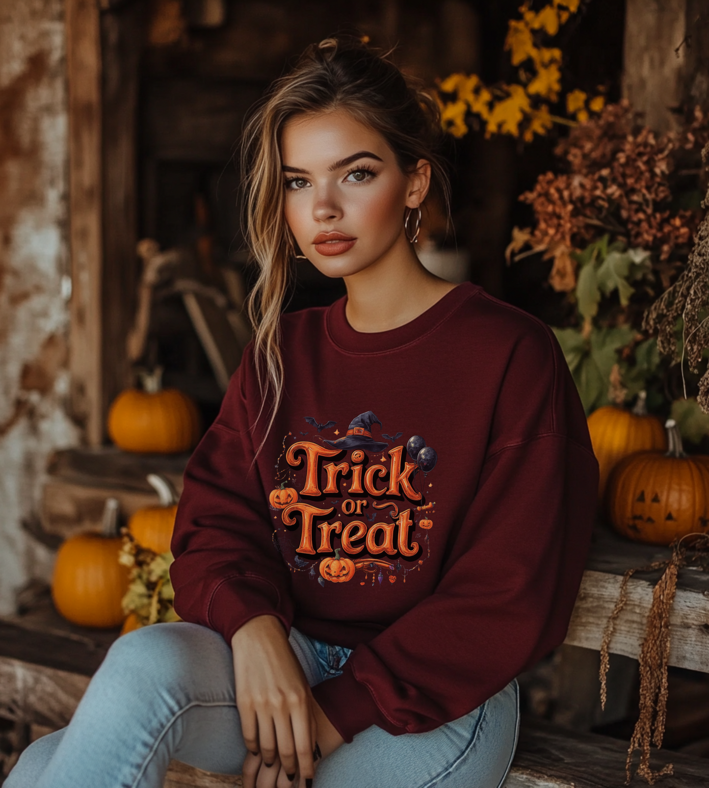 Halloween “Trick or Treat” Graphic Sweatshirt – Cozy Cotton Blend, Spooky Pumpkin & Witch Hat Design