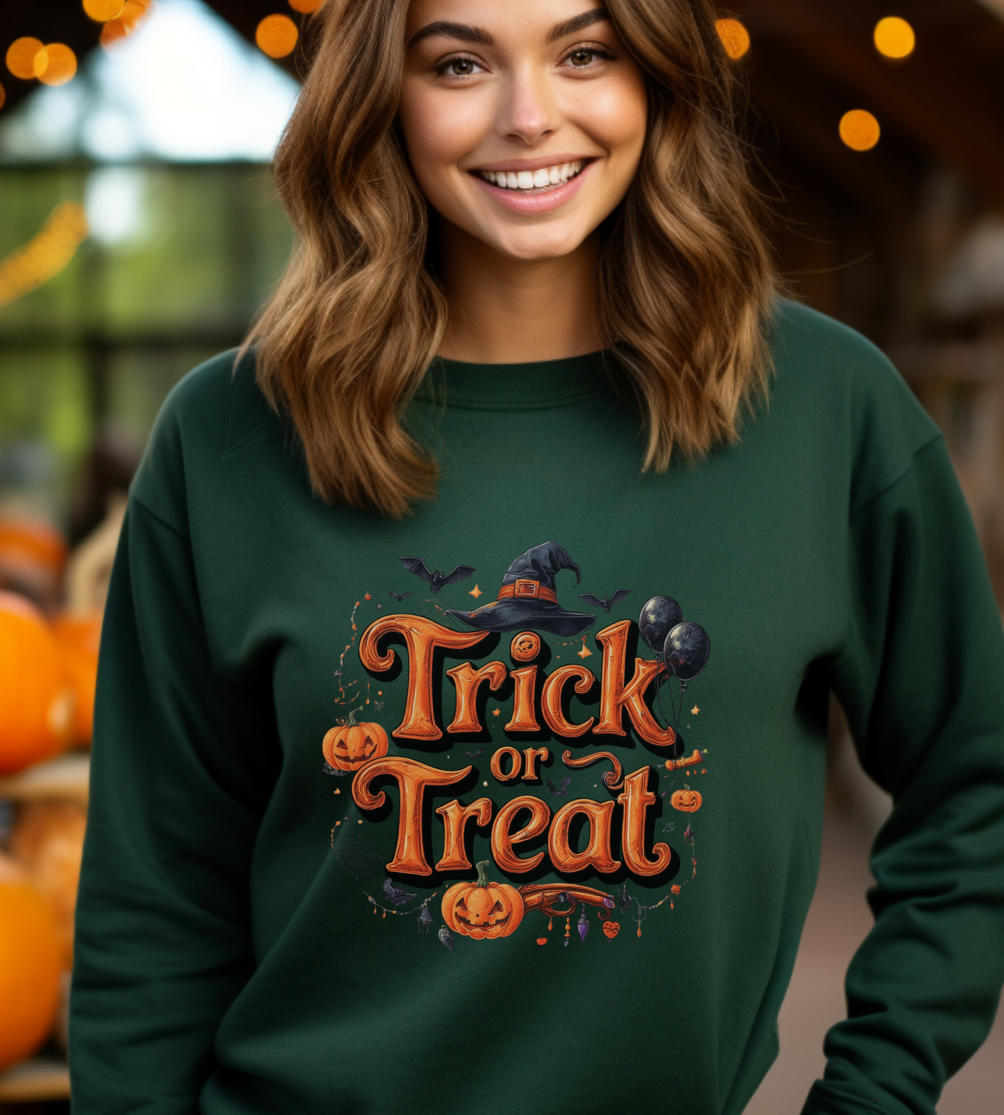 Halloween “Trick or Treat” Graphic Sweatshirt – Cozy Cotton Blend, Spooky Pumpkin & Witch Hat Design