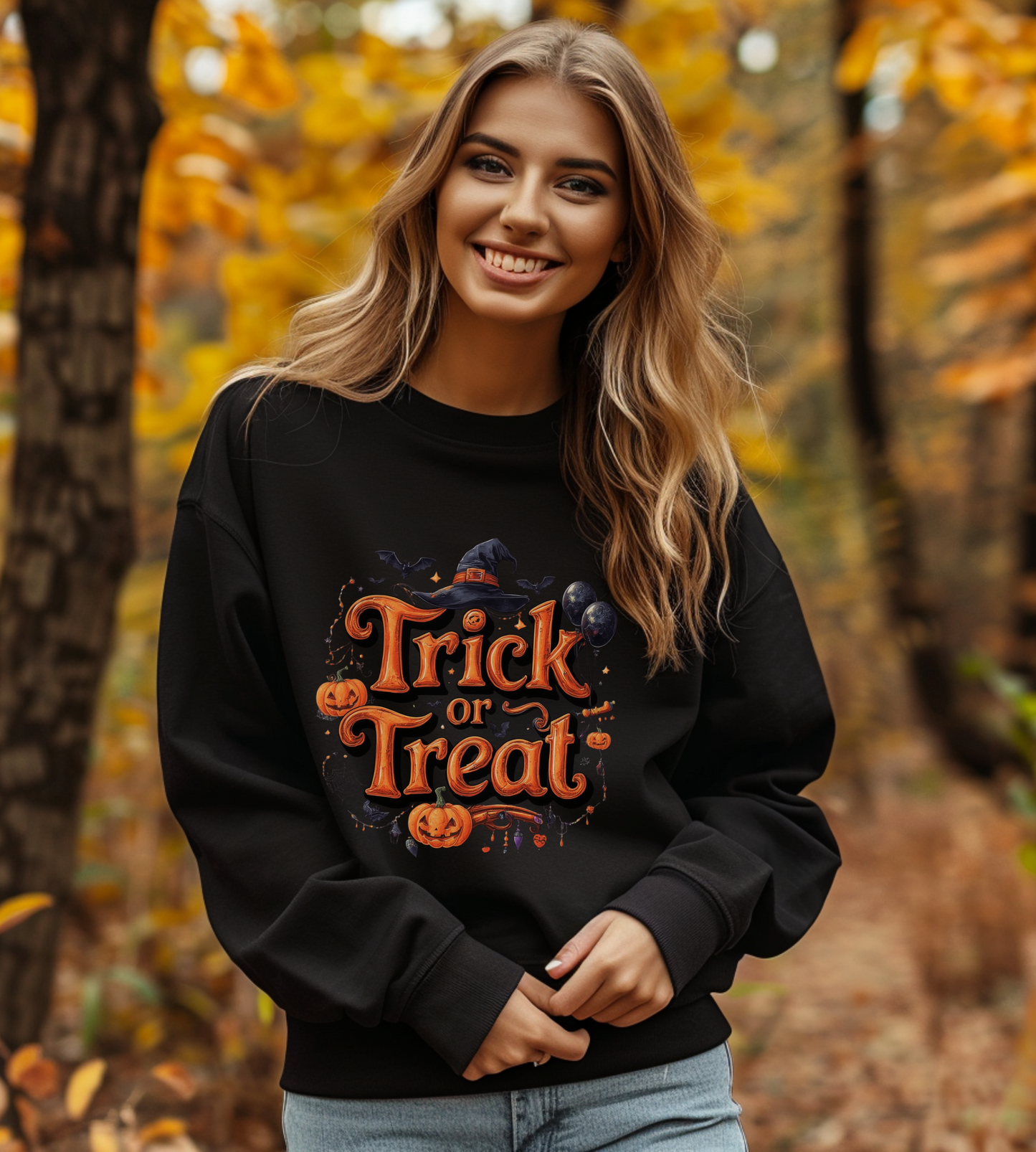 Halloween “Trick or Treat” Graphic Sweatshirt – Cozy Cotton Blend, Spooky Pumpkin & Witch Hat Design