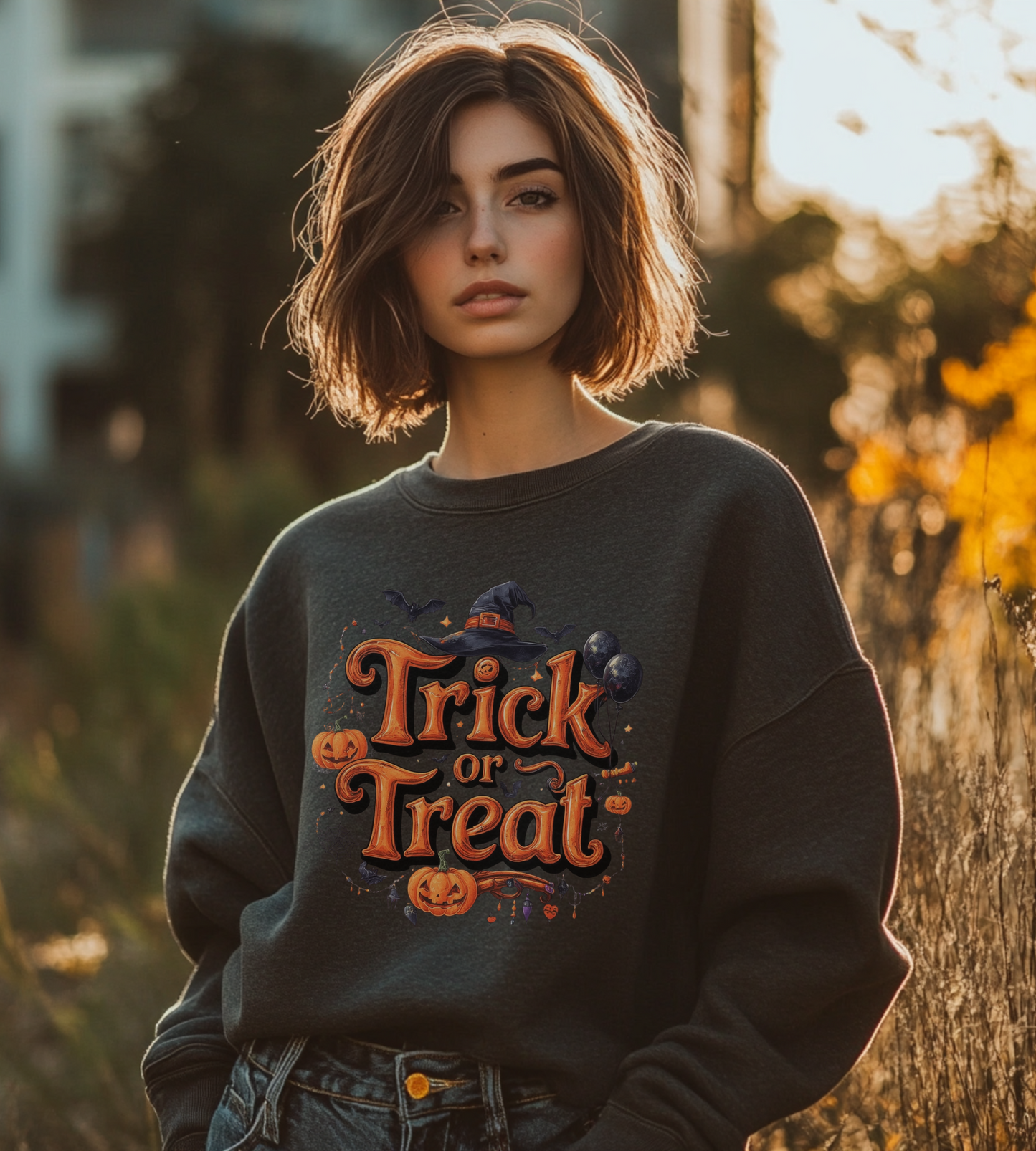 Halloween “Trick or Treat” Graphic Sweatshirt – Cozy Cotton Blend, Spooky Pumpkin & Witch Hat Design