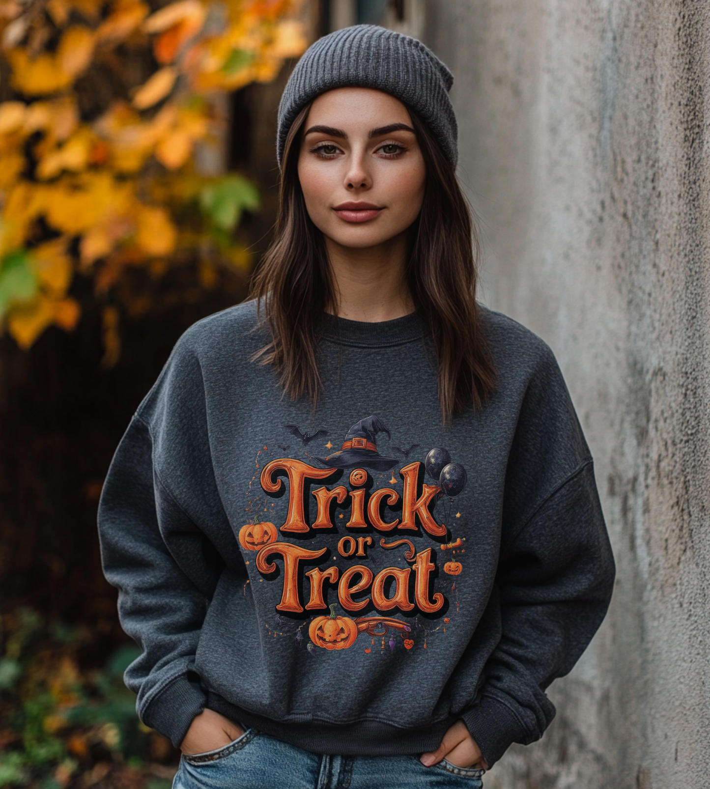 Halloween “Trick or Treat” Graphic Sweatshirt – Cozy Cotton Blend, Spooky Pumpkin & Witch Hat Design