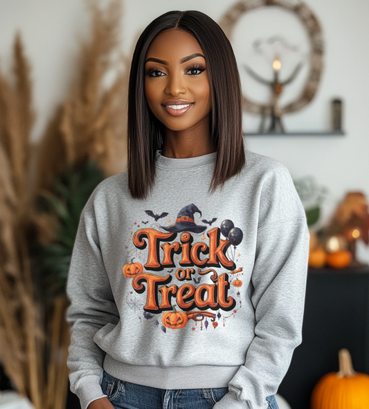 Halloween “Trick or Treat” Graphic Sweatshirt – Cozy Cotton Blend, Spooky Pumpkin & Witch Hat Design