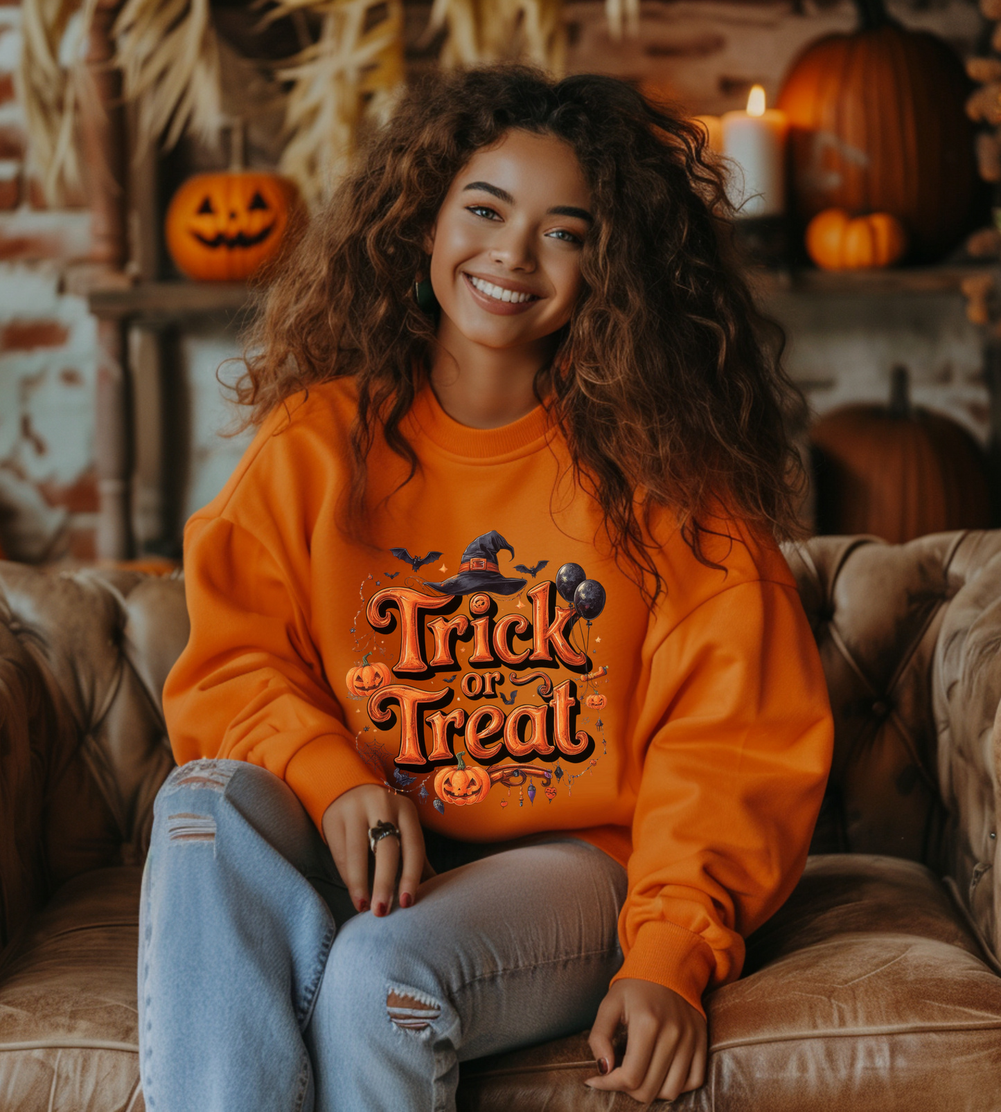 Halloween “Trick or Treat” Graphic Sweatshirt – Cozy Cotton Blend, Spooky Pumpkin & Witch Hat Design