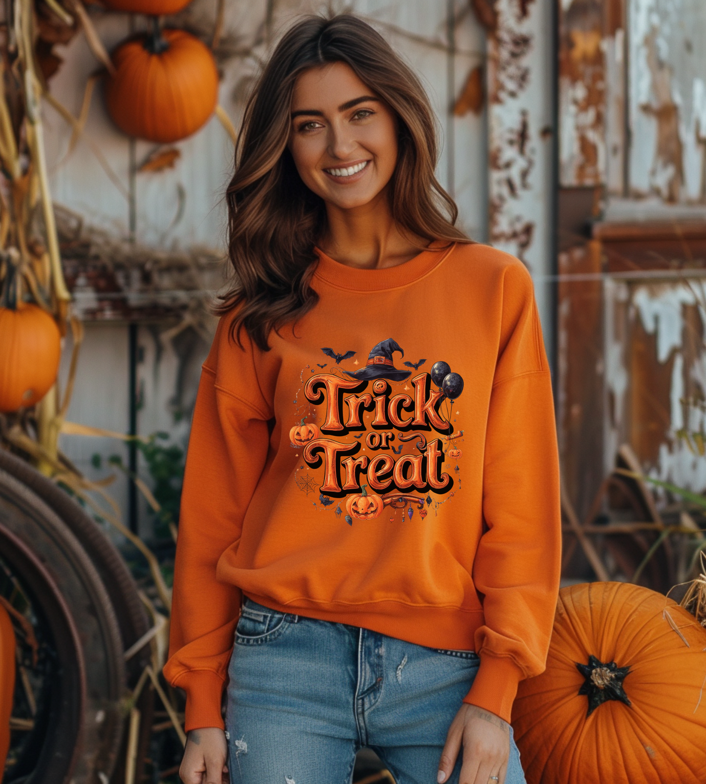 Halloween “Trick or Treat” Graphic Sweatshirt – Cozy Cotton Blend, Spooky Pumpkin & Witch Hat Design
