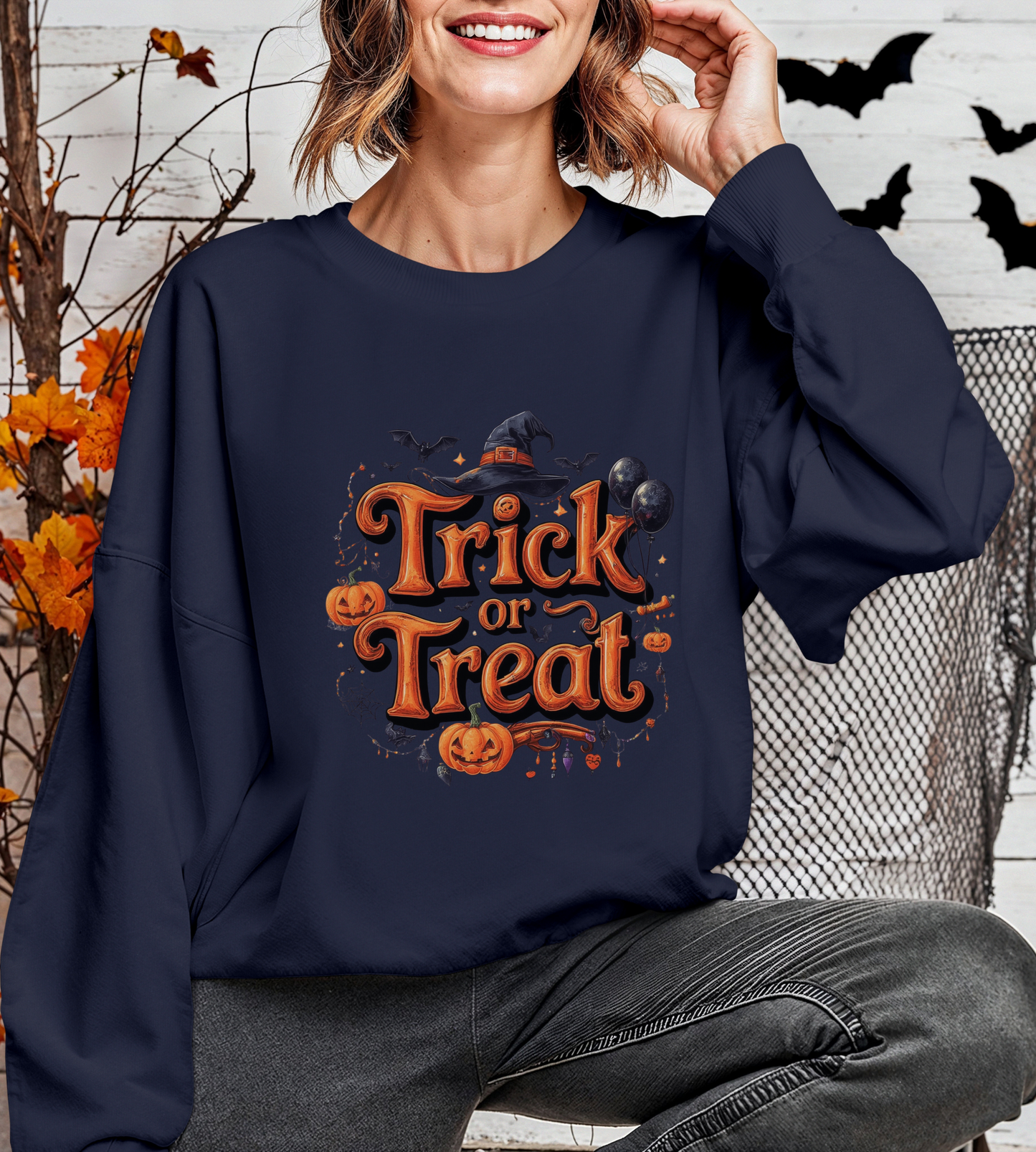 Halloween “Trick or Treat” Graphic Sweatshirt – Cozy Cotton Blend, Spooky Pumpkin & Witch Hat Design