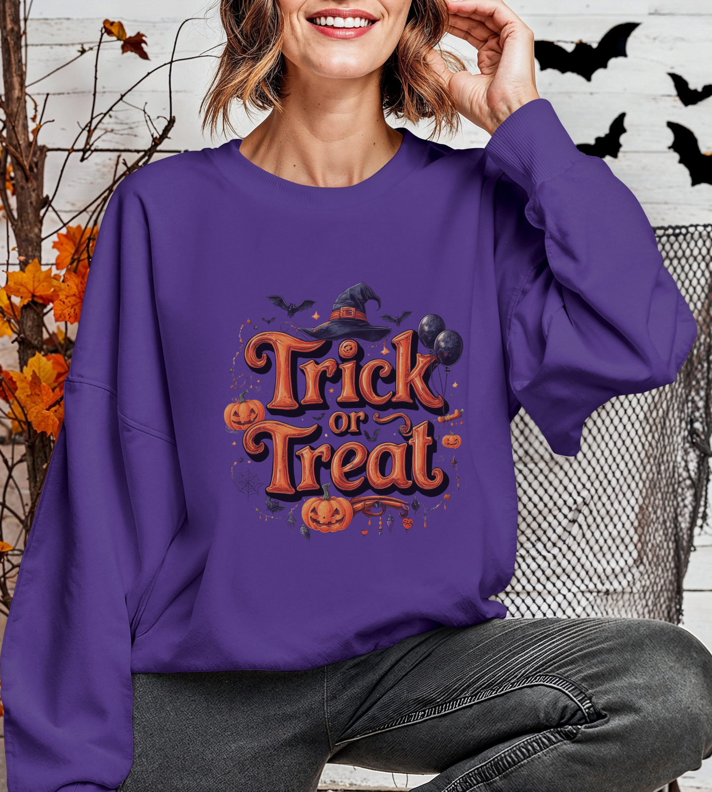 Halloween “Trick or Treat” Graphic Sweatshirt – Cozy Cotton Blend, Spooky Pumpkin & Witch Hat Design