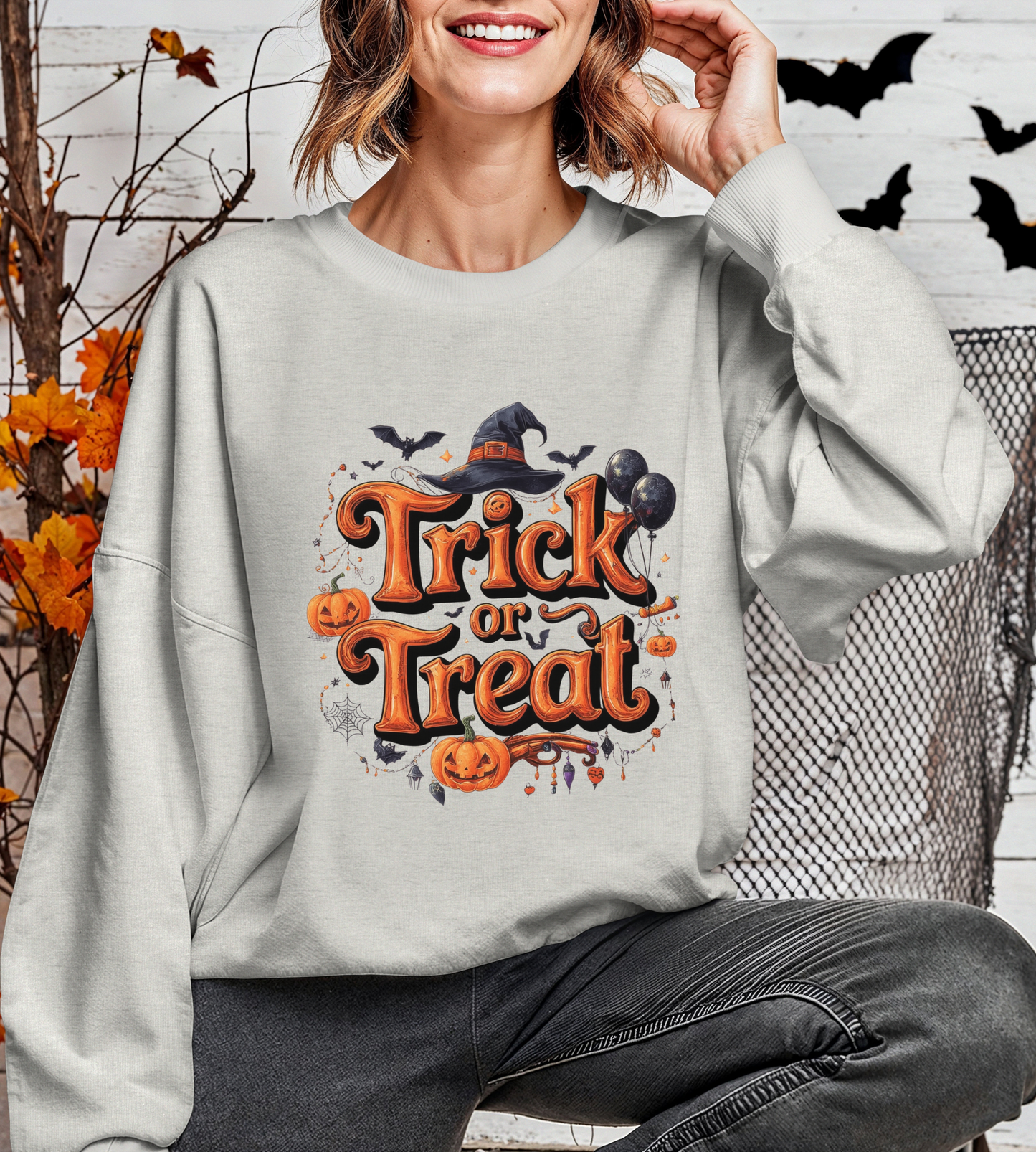 Halloween “Trick or Treat” Graphic Sweatshirt – Cozy Cotton Blend, Spooky Pumpkin & Witch Hat Design