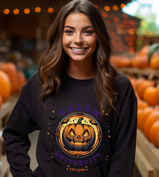 Unisex Salem University Halloween Sweatshirt – Pumpkin Jack-O’-Lantern Graphic Crewneck, Spooky Fall Aesthetic Pullover