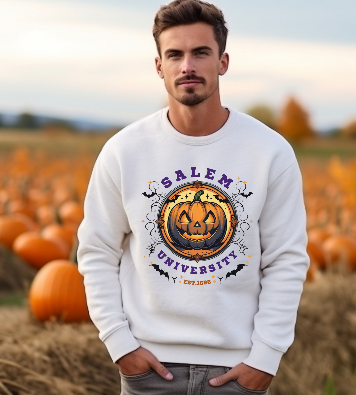 Unisex Salem University Halloween Sweatshirt – Pumpkin Jack-O’-Lantern Graphic Crewneck, Spooky Fall Aesthetic Pullover