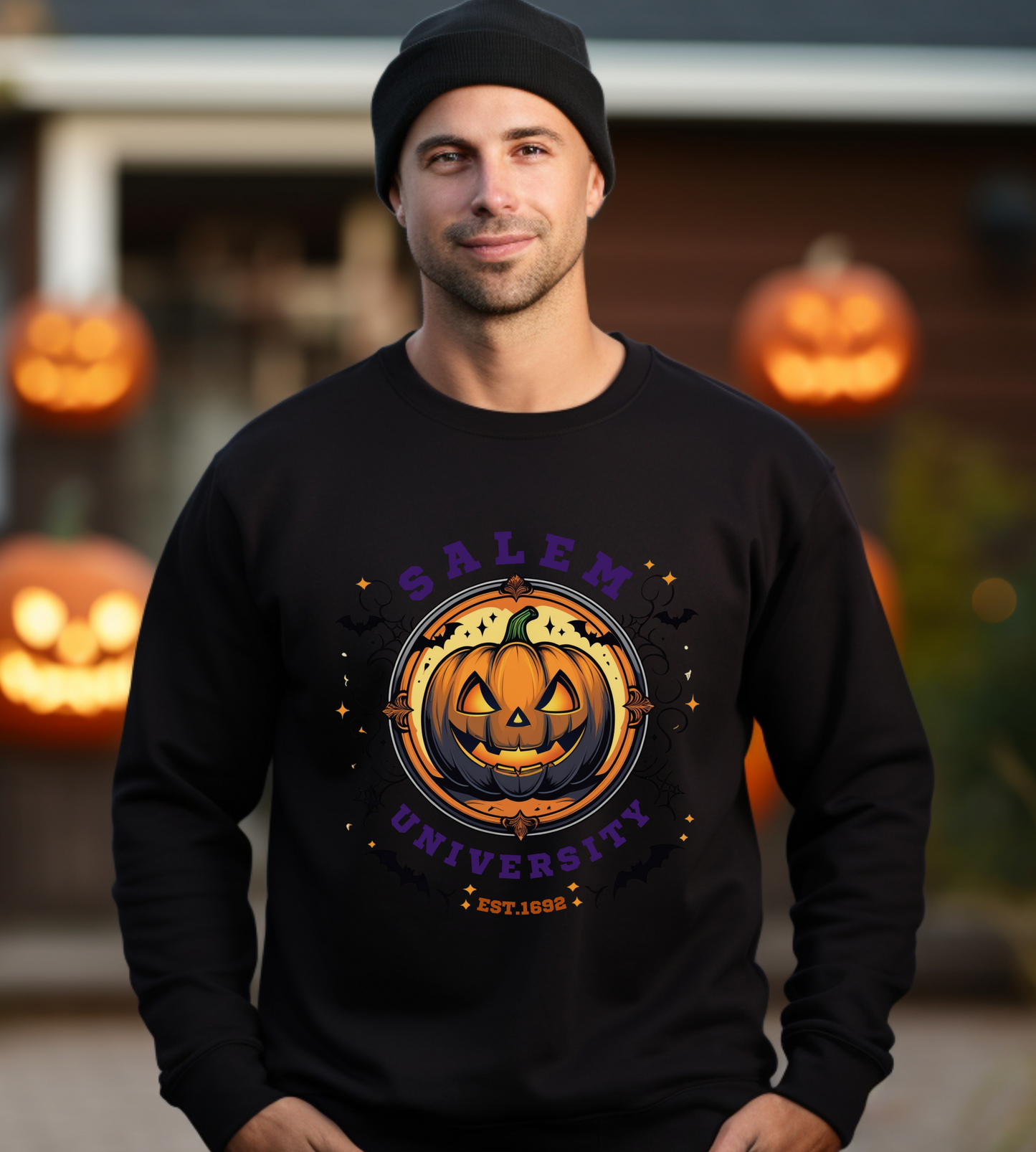 Unisex Salem University Halloween Sweatshirt – Pumpkin Jack-O’-Lantern Graphic Crewneck, Spooky Fall Aesthetic Pullover