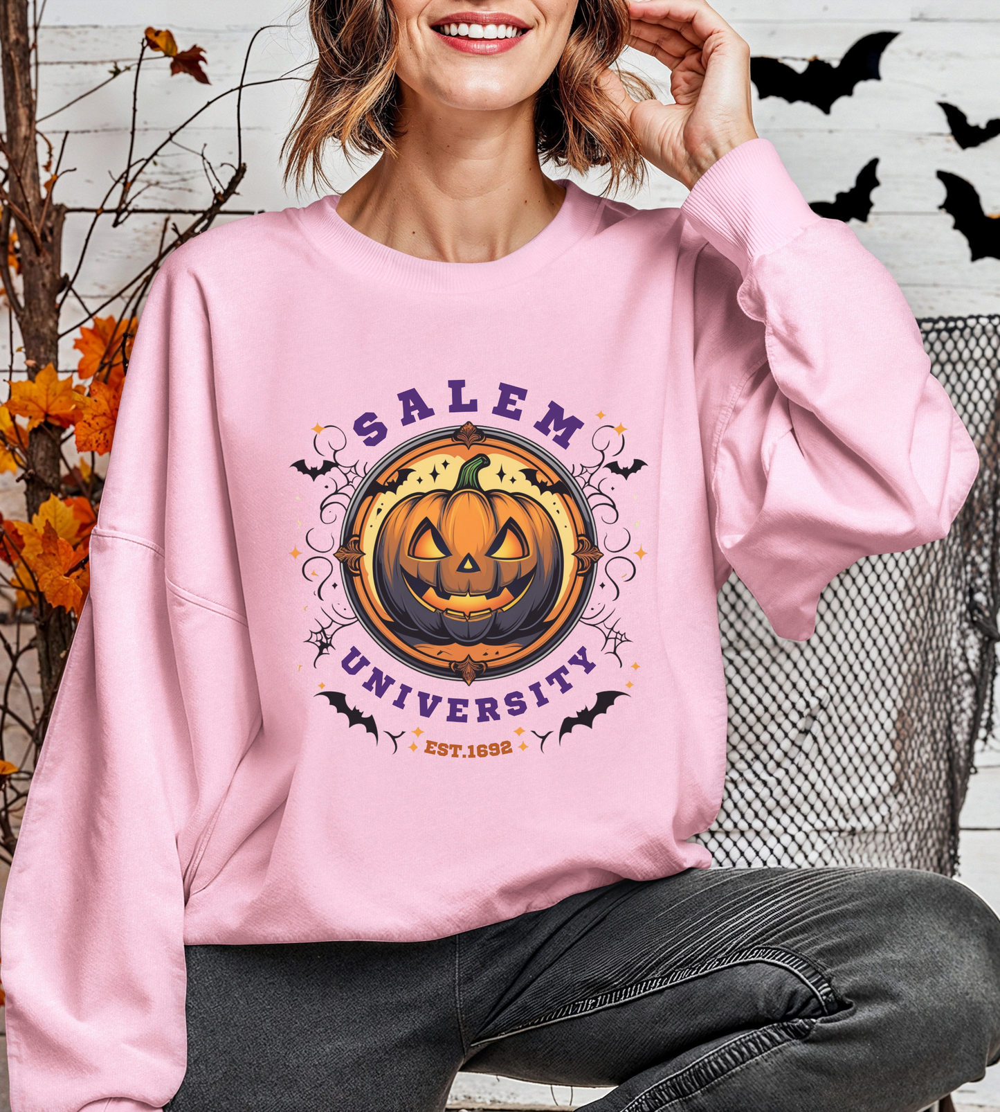 Unisex Salem University Halloween Sweatshirt – Pumpkin Jack-O’-Lantern Graphic Crewneck, Spooky Fall Aesthetic Pullover