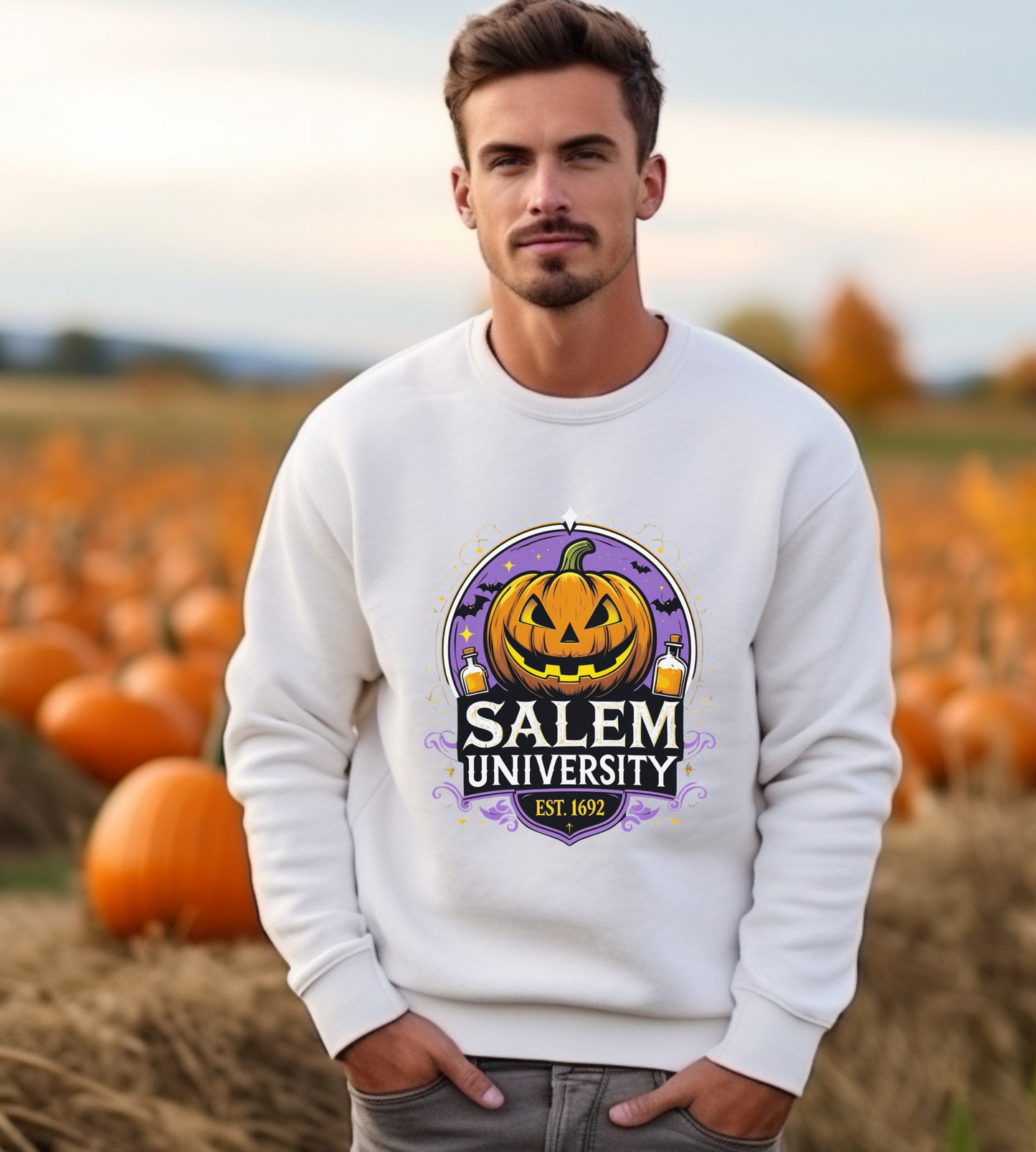 "Unisex Salem University Halloween Sweatshirt – Pumpkin Jack-O’-Lantern Graphic Crewneck Pullover"