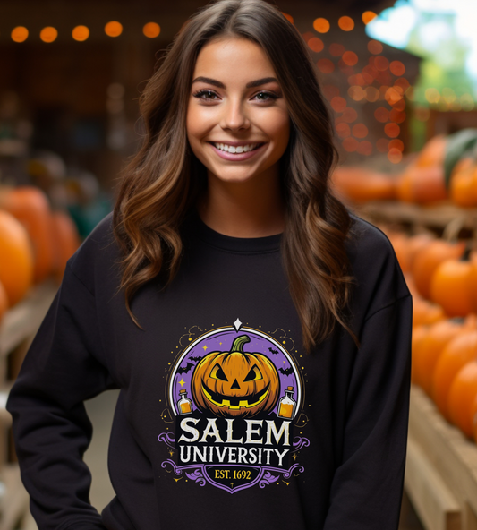 "Unisex Salem University Halloween Sweatshirt – Pumpkin Jack-O’-Lantern Graphic Crewneck Pullover"
