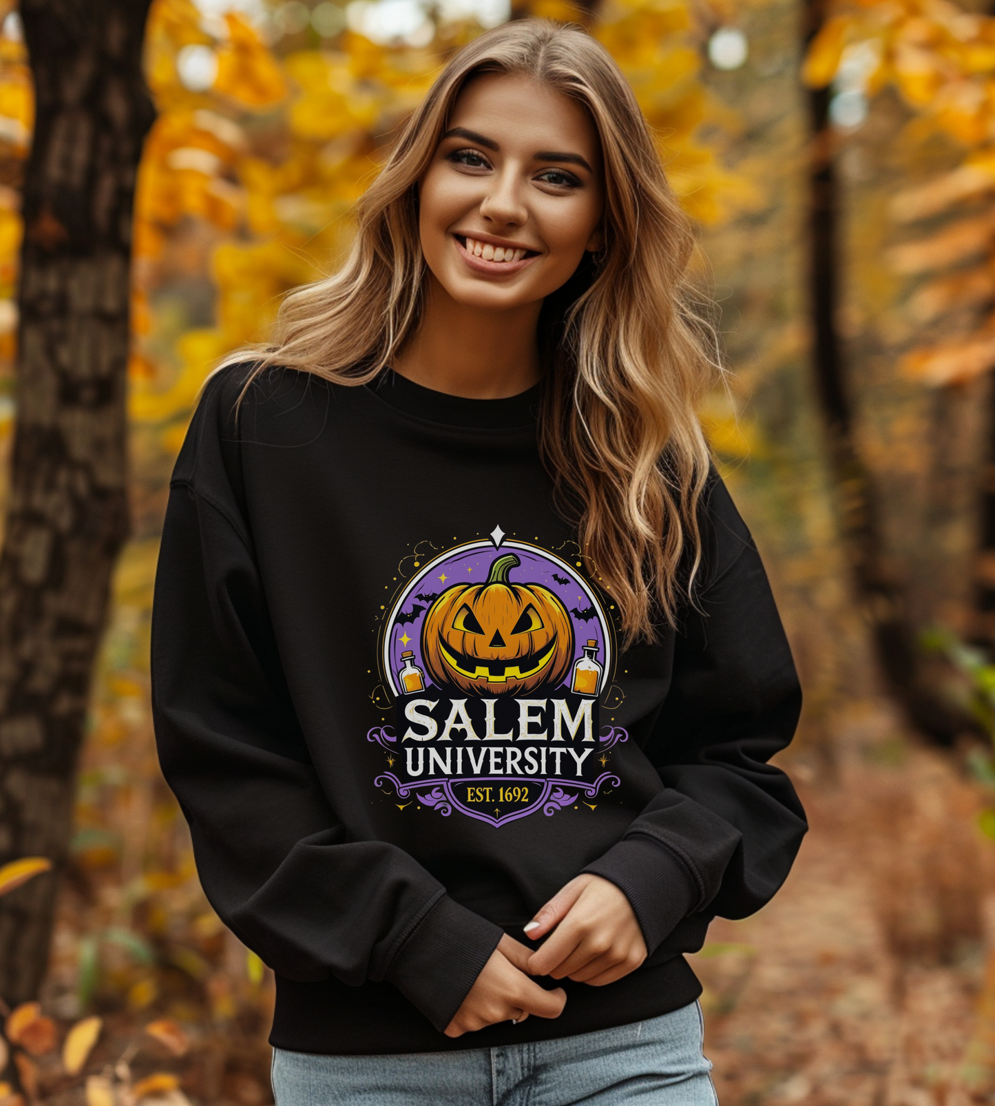 "Unisex Salem University Halloween Sweatshirt – Pumpkin Jack-O’-Lantern Graphic Crewneck Pullover"
