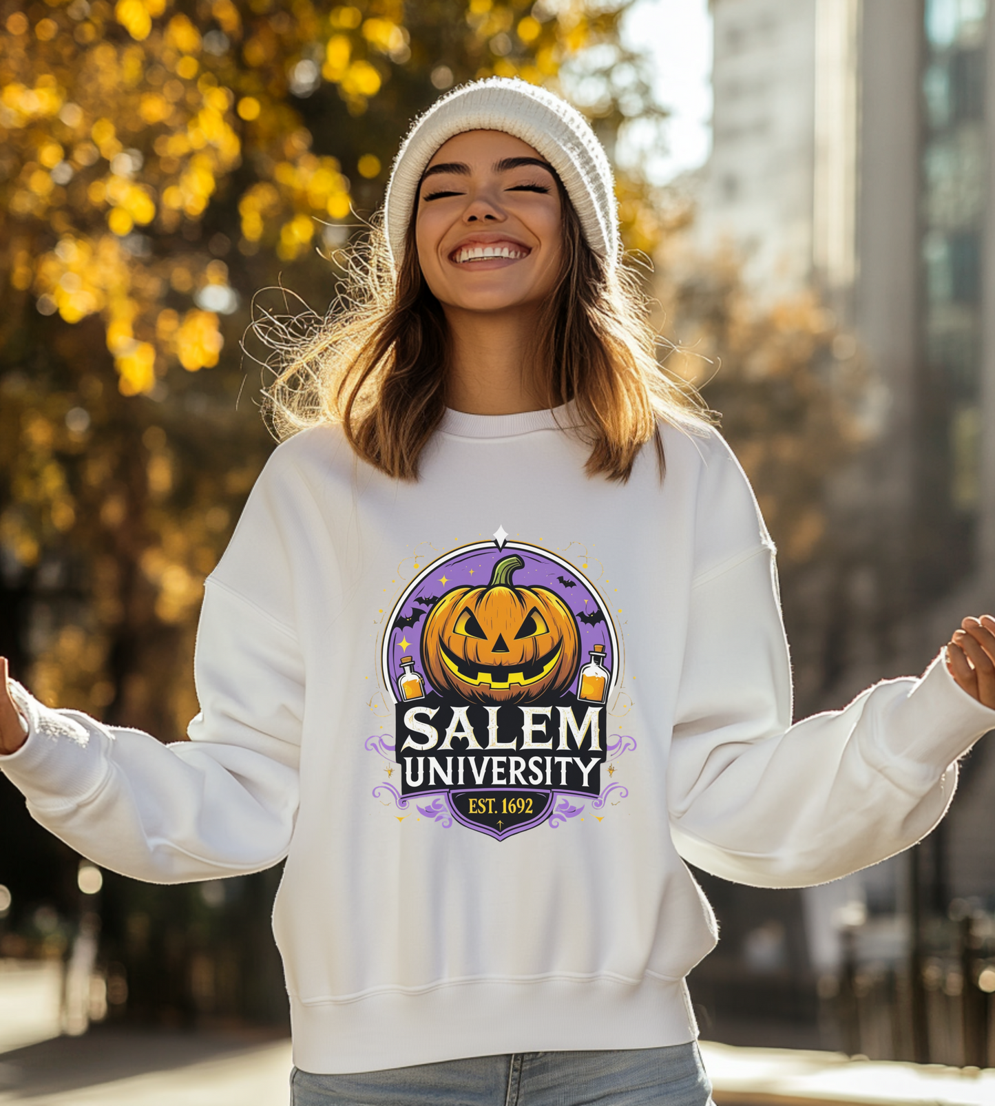 "Unisex Salem University Halloween Sweatshirt – Pumpkin Jack-O’-Lantern Graphic Crewneck Pullover"
