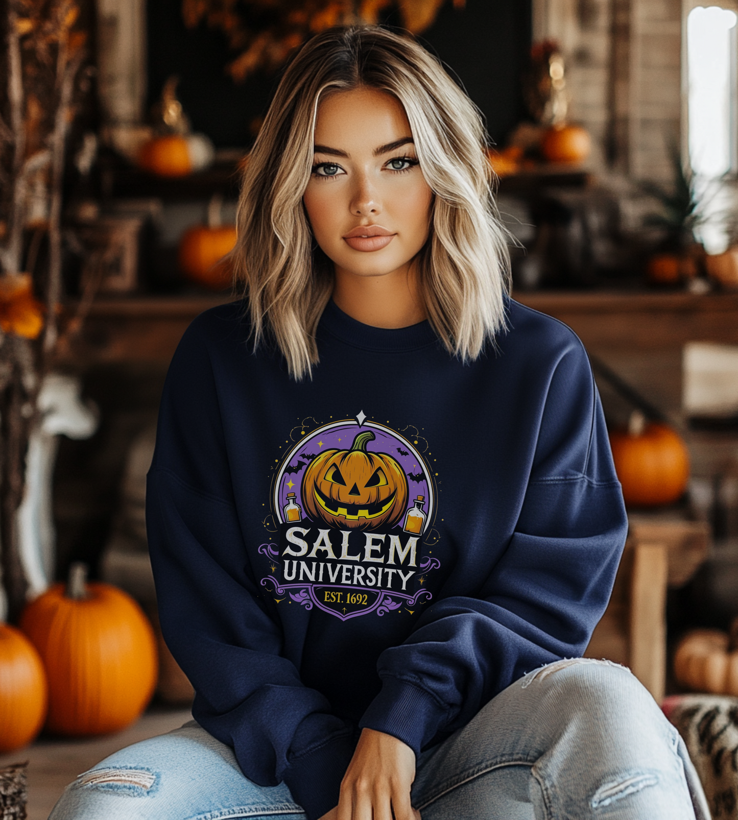 "Unisex Salem University Halloween Sweatshirt – Pumpkin Jack-O’-Lantern Graphic Crewneck Pullover"