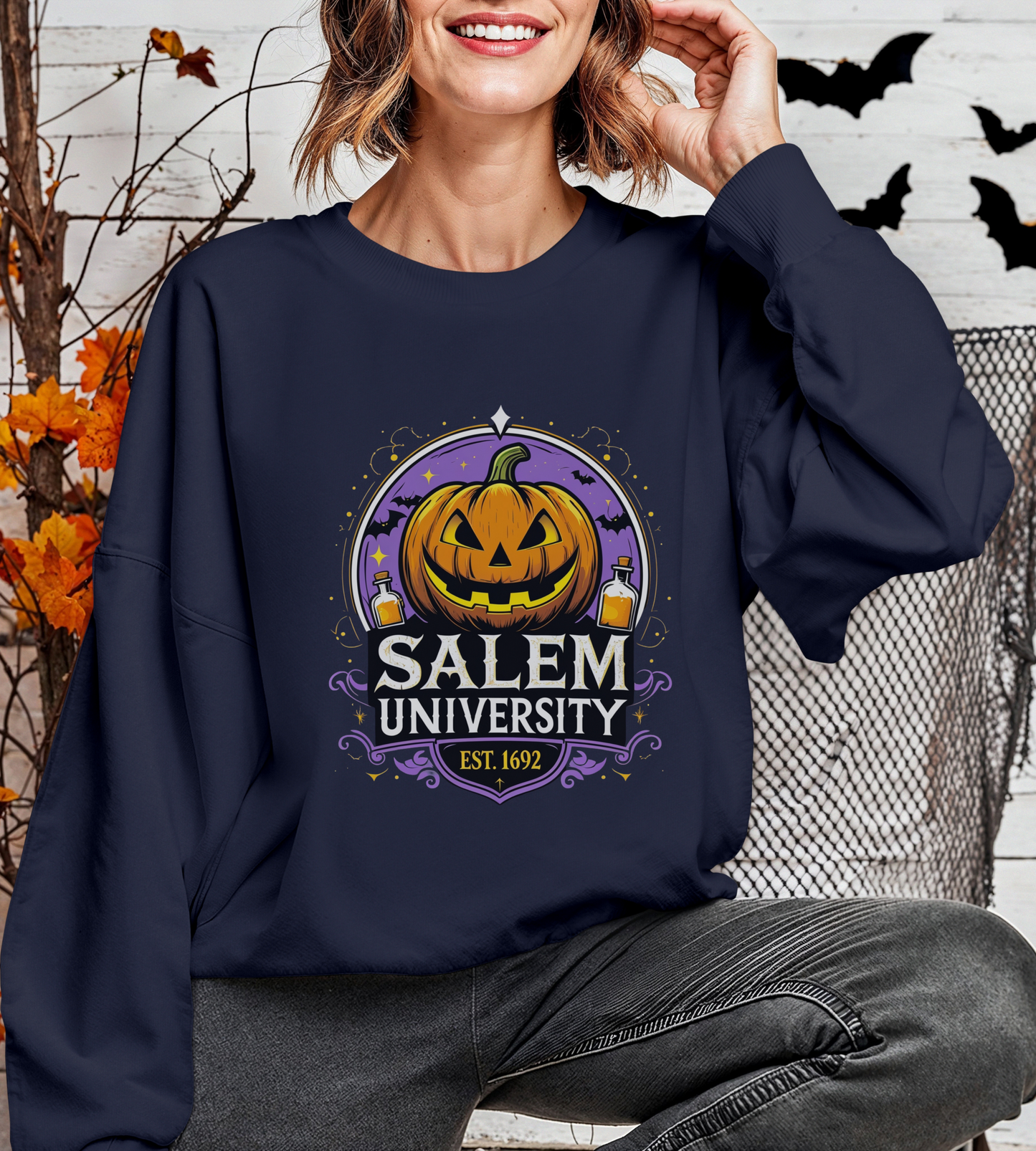 "Unisex Salem University Halloween Sweatshirt – Pumpkin Jack-O’-Lantern Graphic Crewneck Pullover"